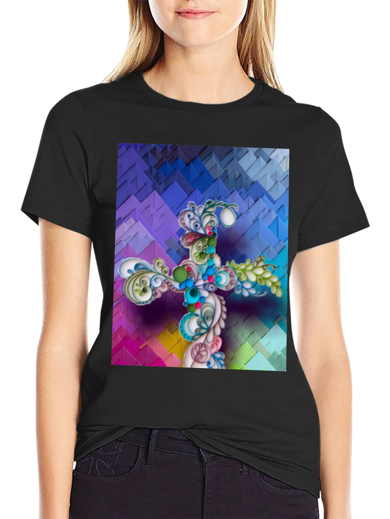 Artistic Floral Cross Graphic T-Shirt - Unique Design