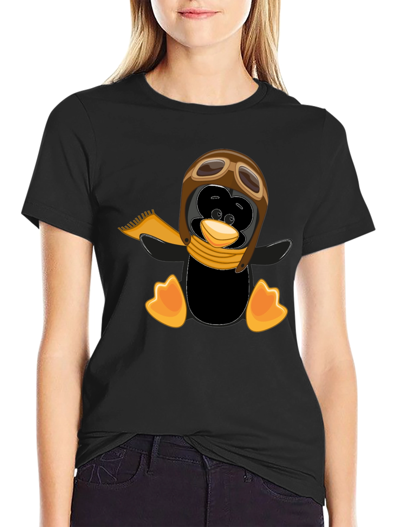 Penguin Aviator Graphic Tee - Black Cotton T-Shirt