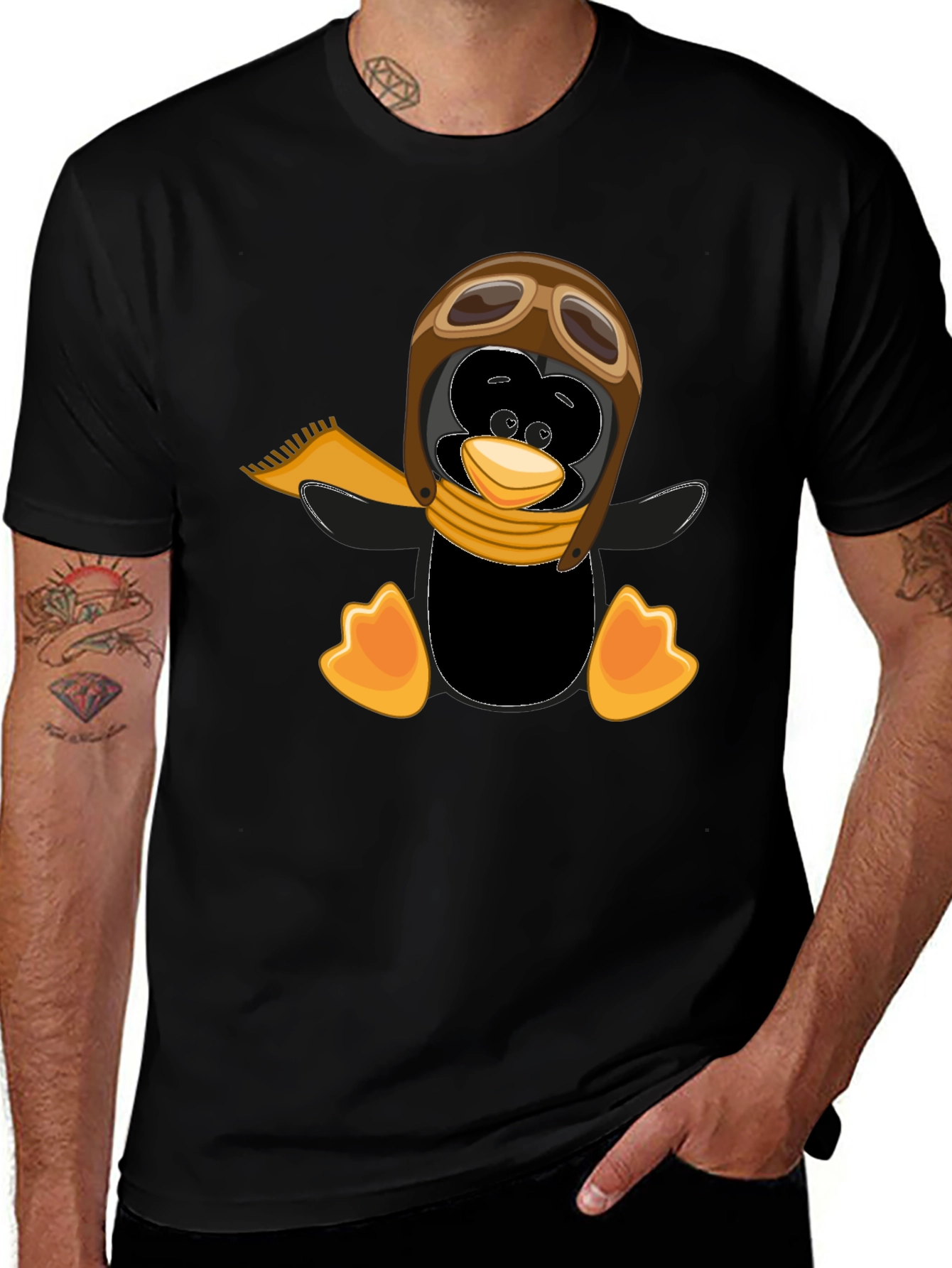 Penguin Aviator Graphic Tee - Black Cotton T-Shirt