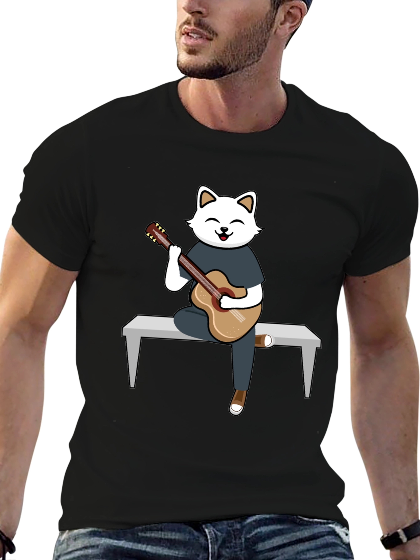 Cat Guitarist Graphic T-Shirt - Playful Design Soft Cotton