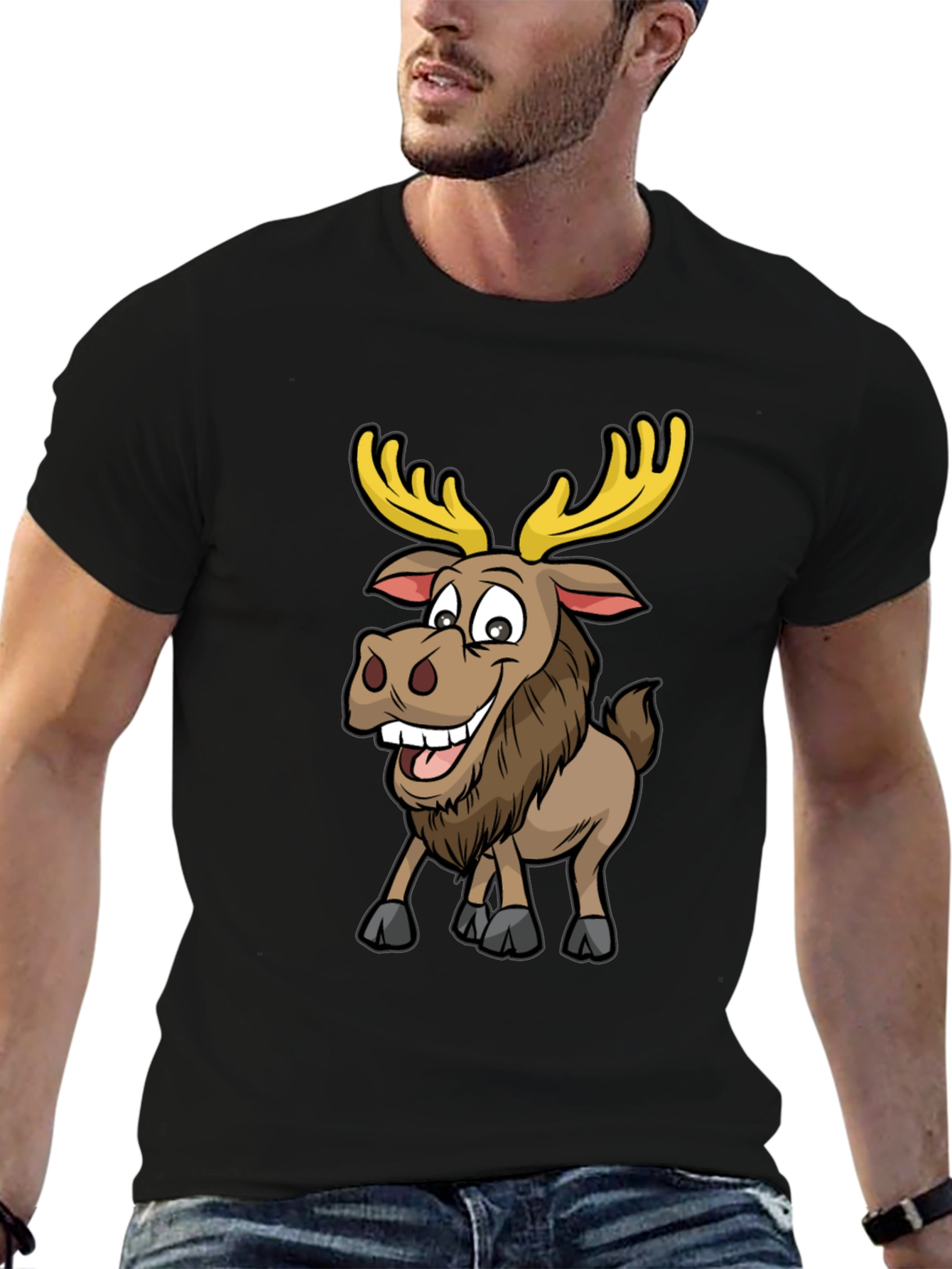 Moose Cartoon Graphic T-Shirt - Black