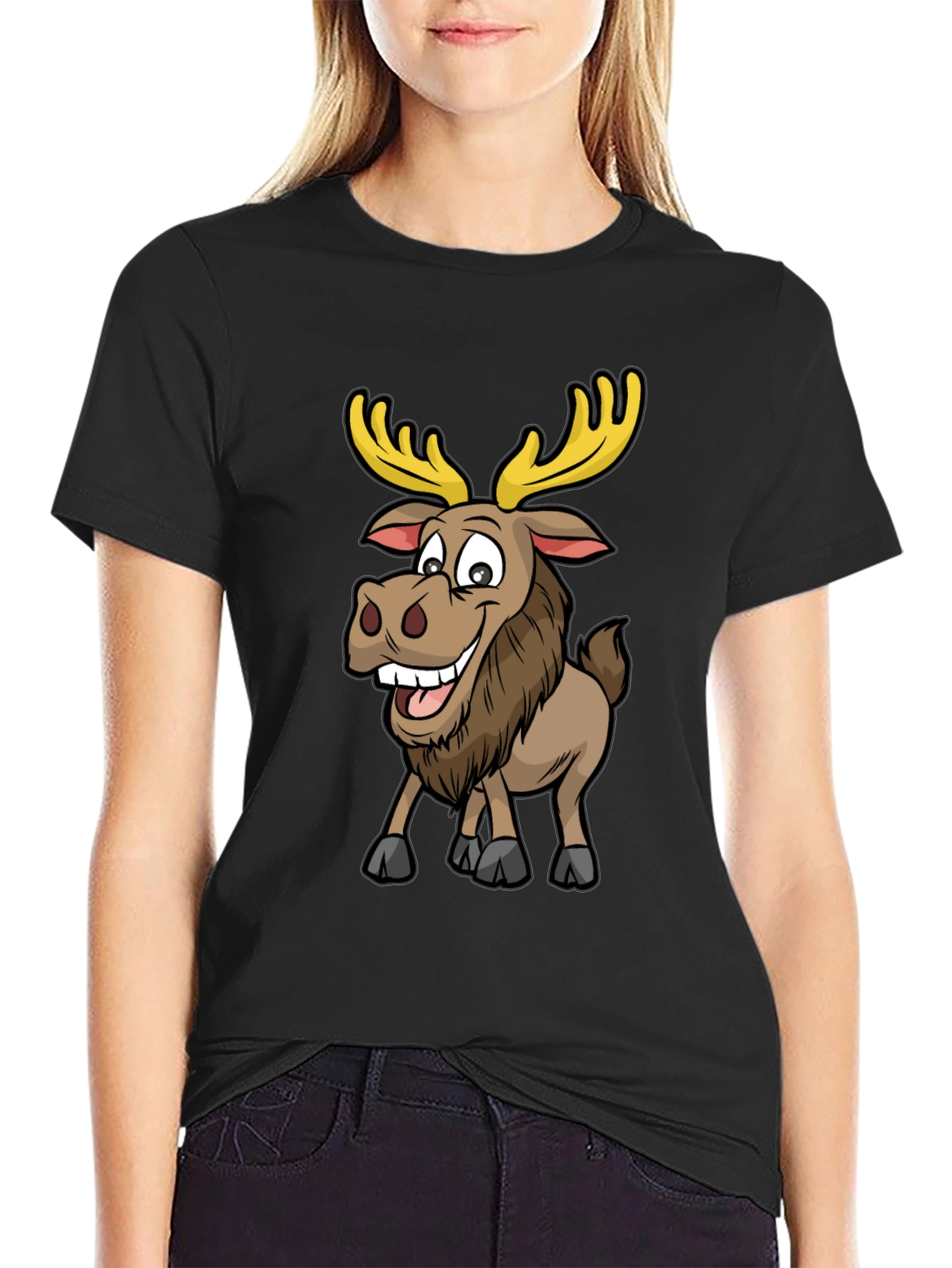 Moose Cartoon Graphic T-Shirt - Black