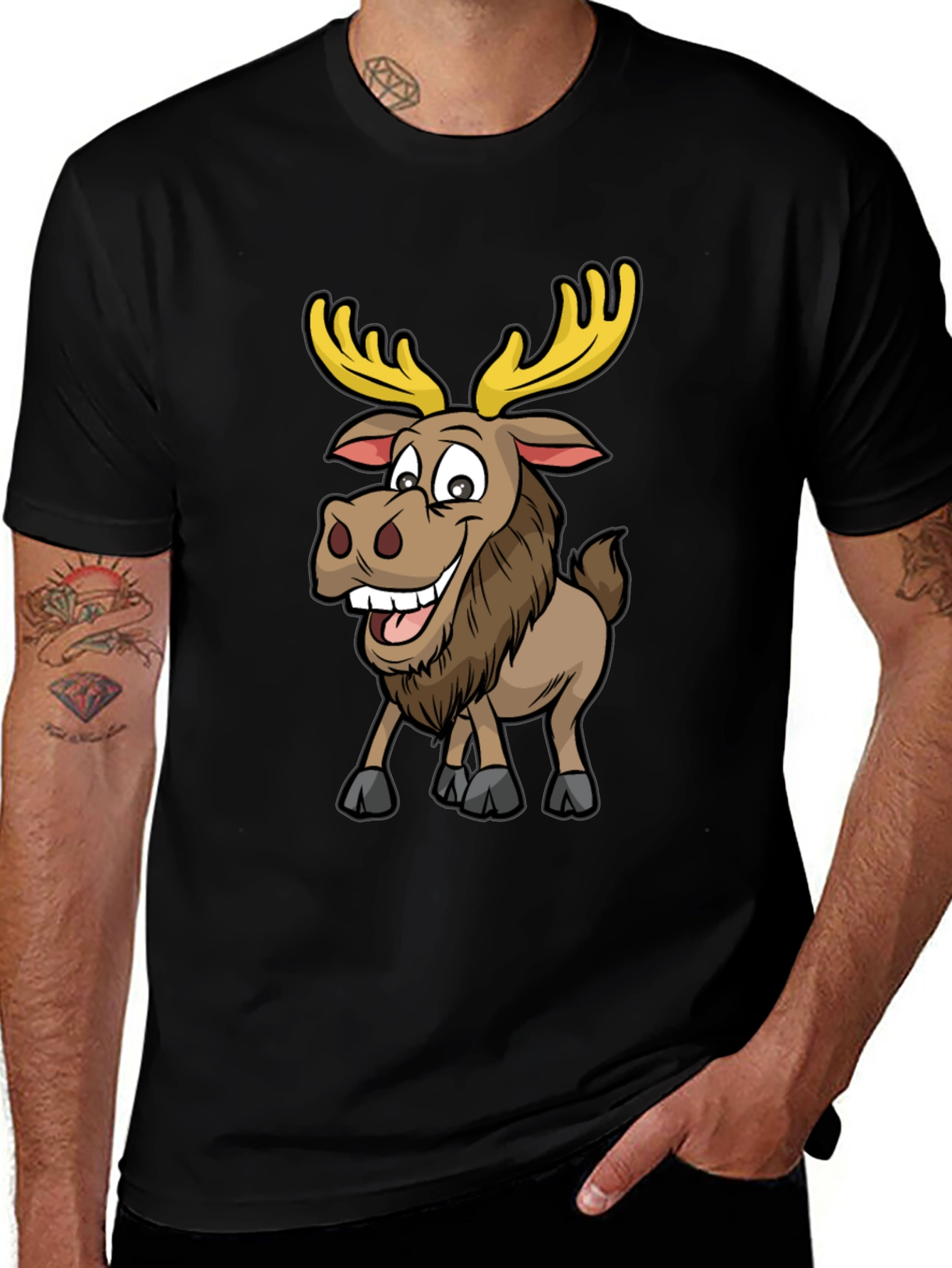 Moose Cartoon Graphic T-Shirt - Black