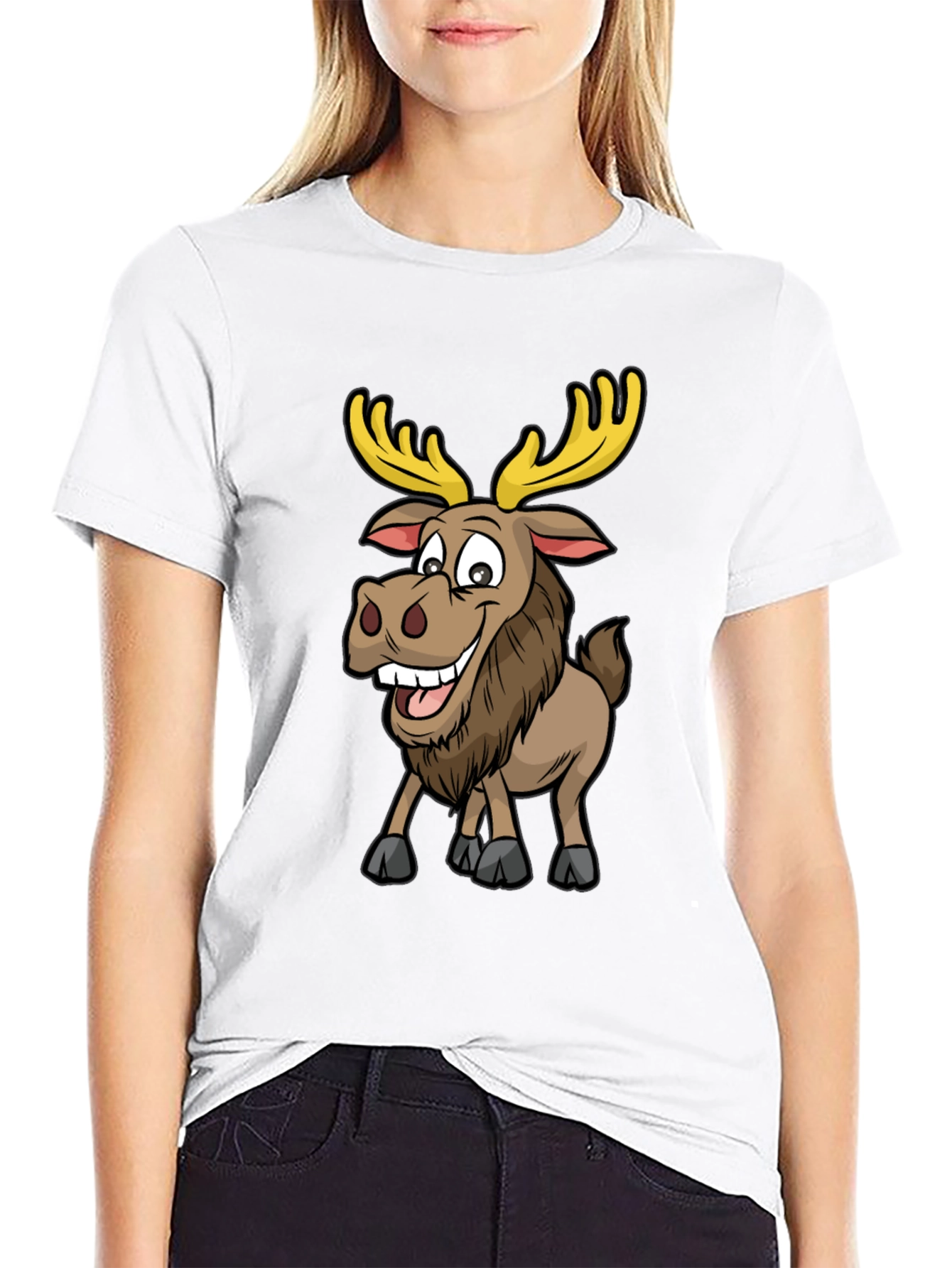 Moose Cartoon Graphic T-Shirt - Black