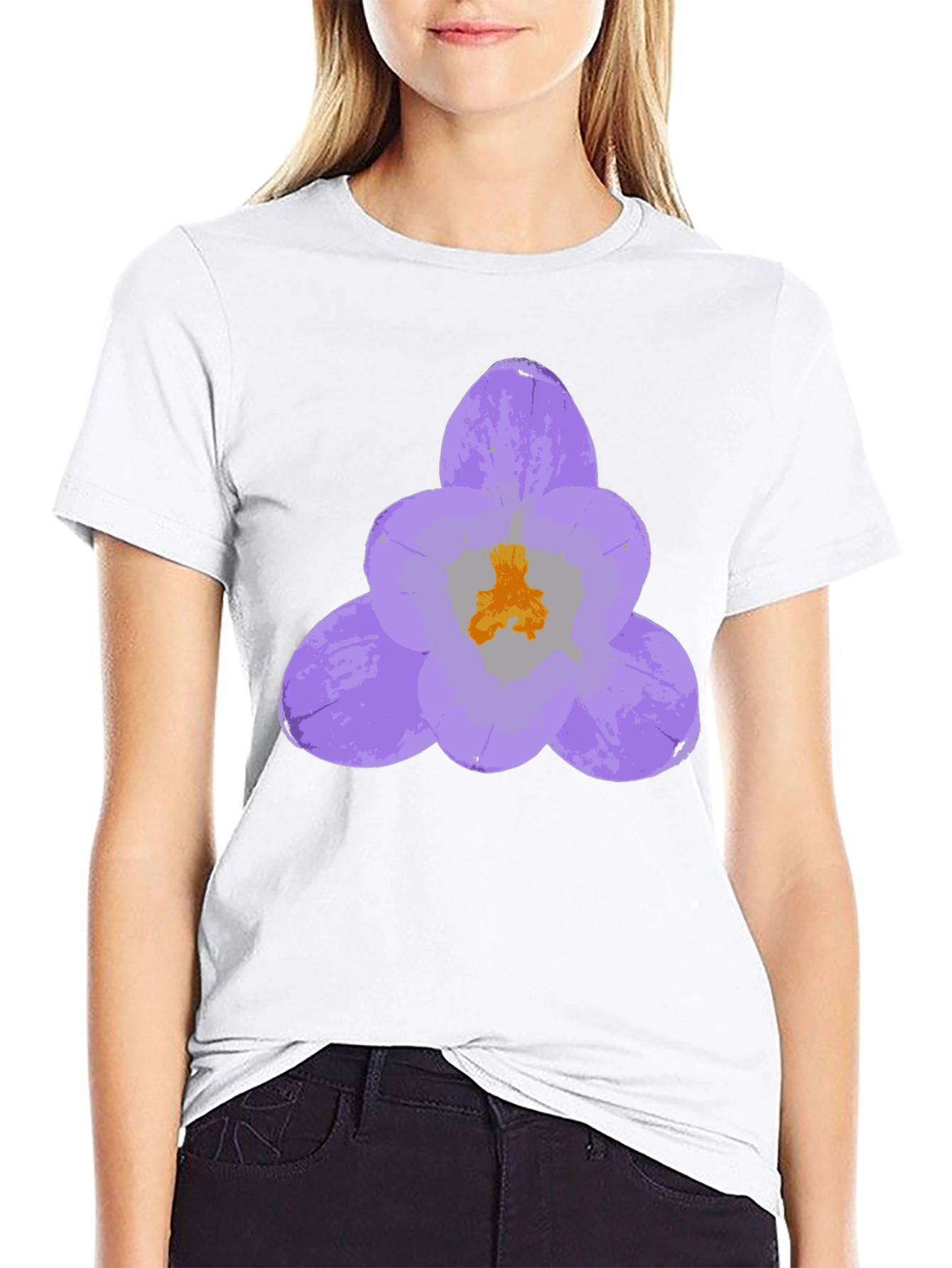 Black T-Shirt with Lavender Crocus Flower Design