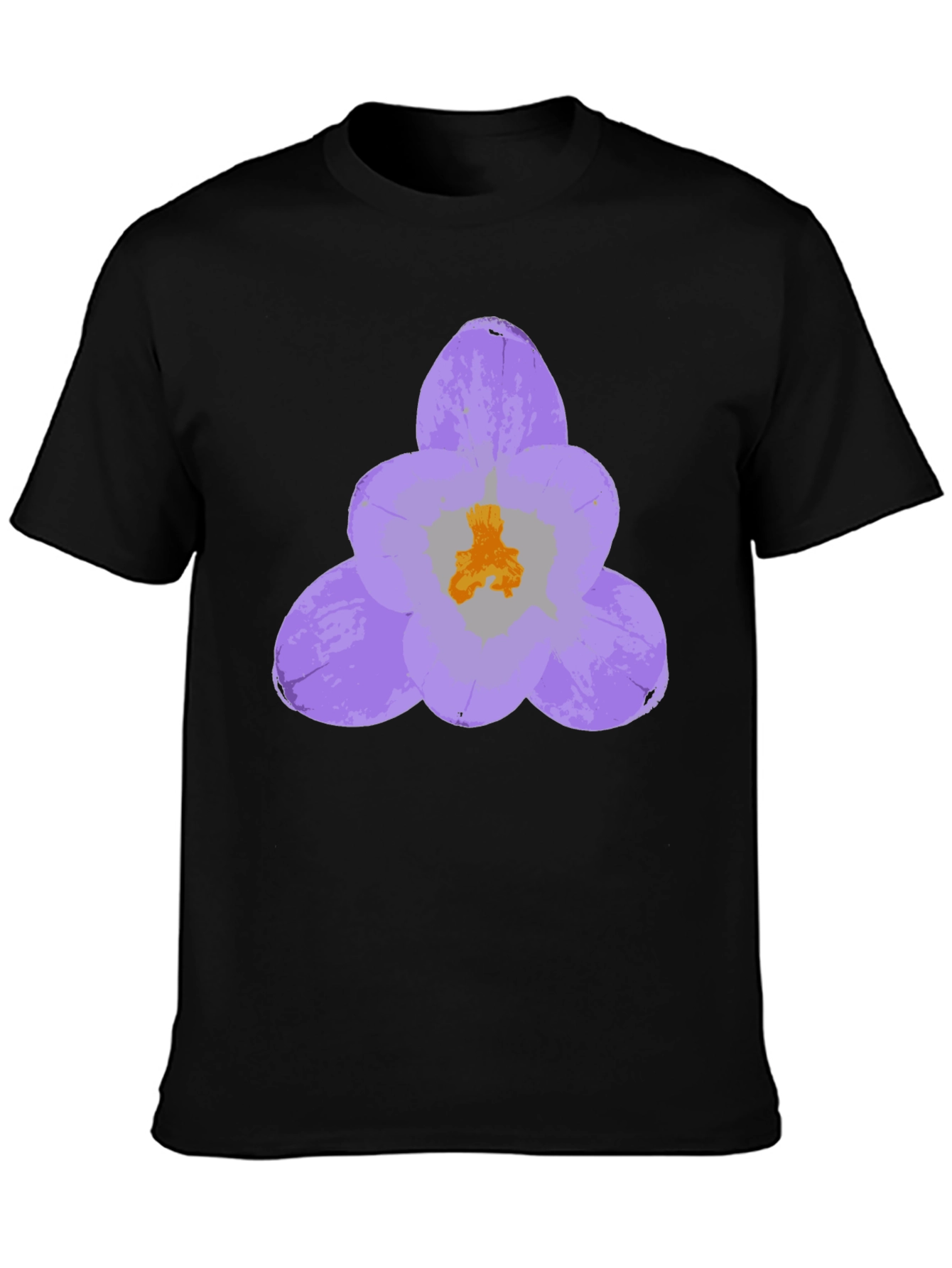 Black T-Shirt with Lavender Crocus Flower Design