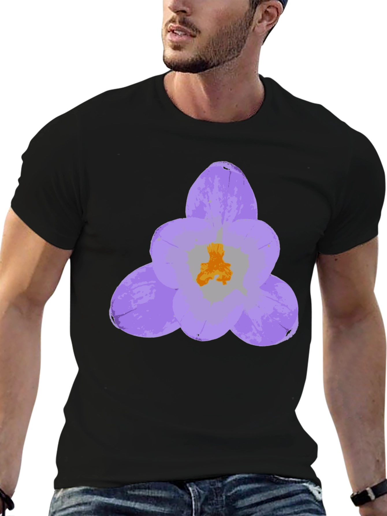 Black T-Shirt with Lavender Crocus Flower Design