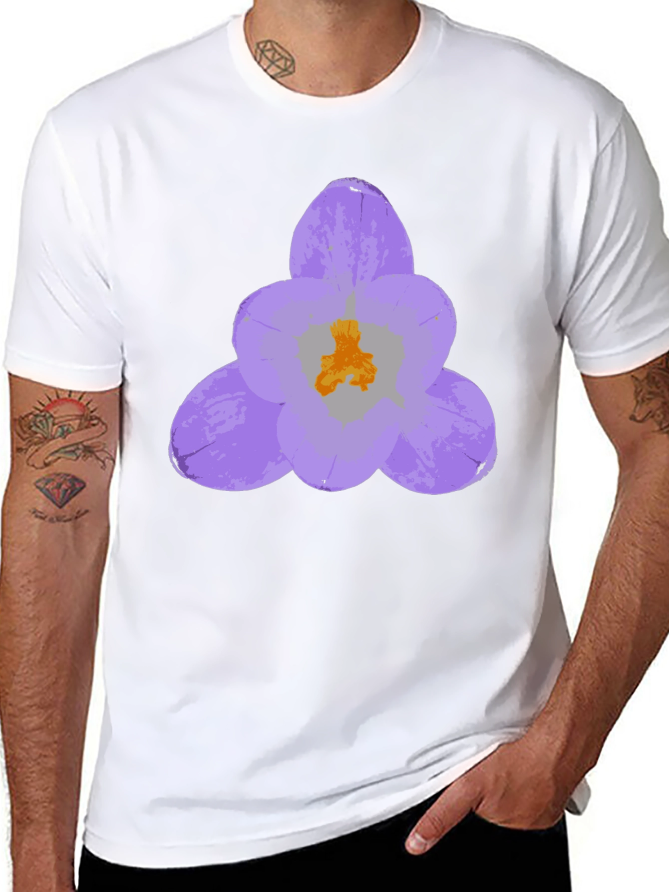 Black T-Shirt with Lavender Crocus Flower Design