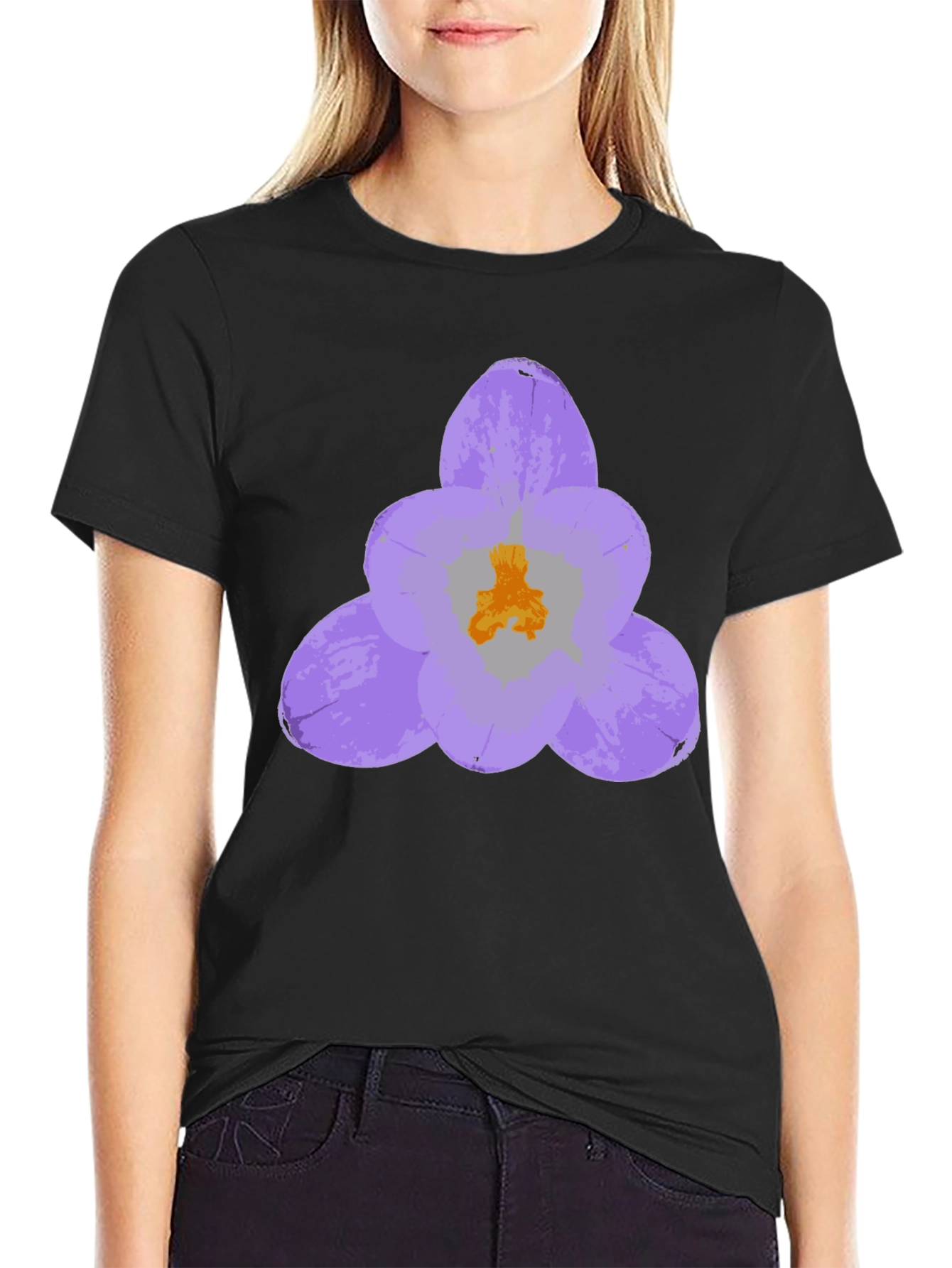 Black T-Shirt with Lavender Crocus Flower Design