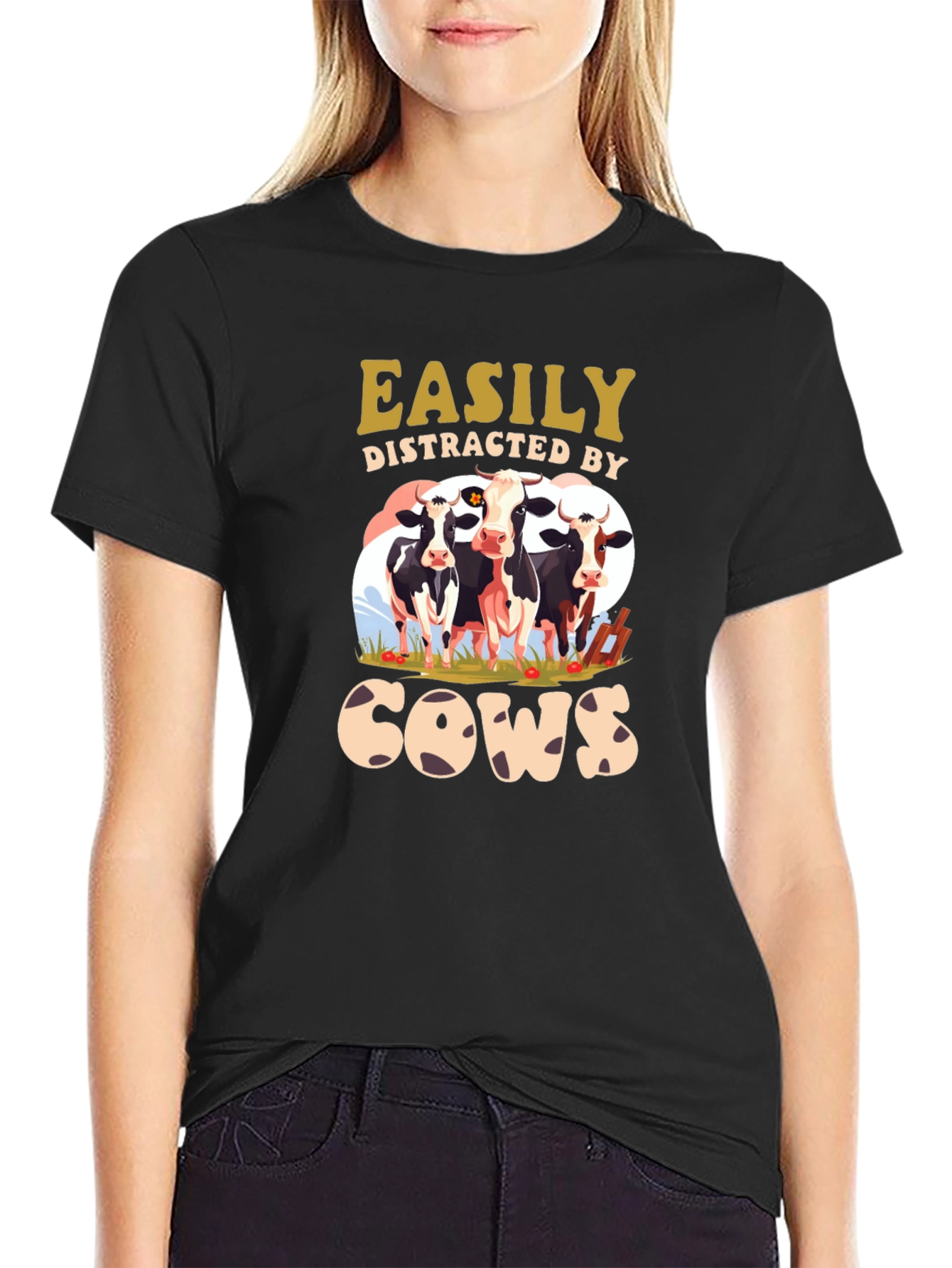 Easily Distracted by Cows Black T-Shirt