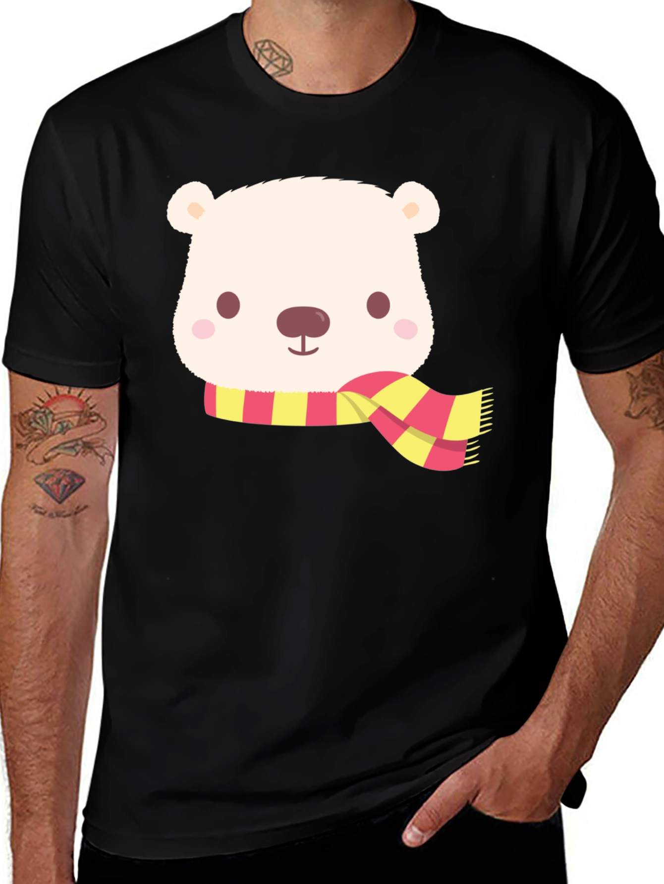 Cute Bear Scarf Black T-Shirt
