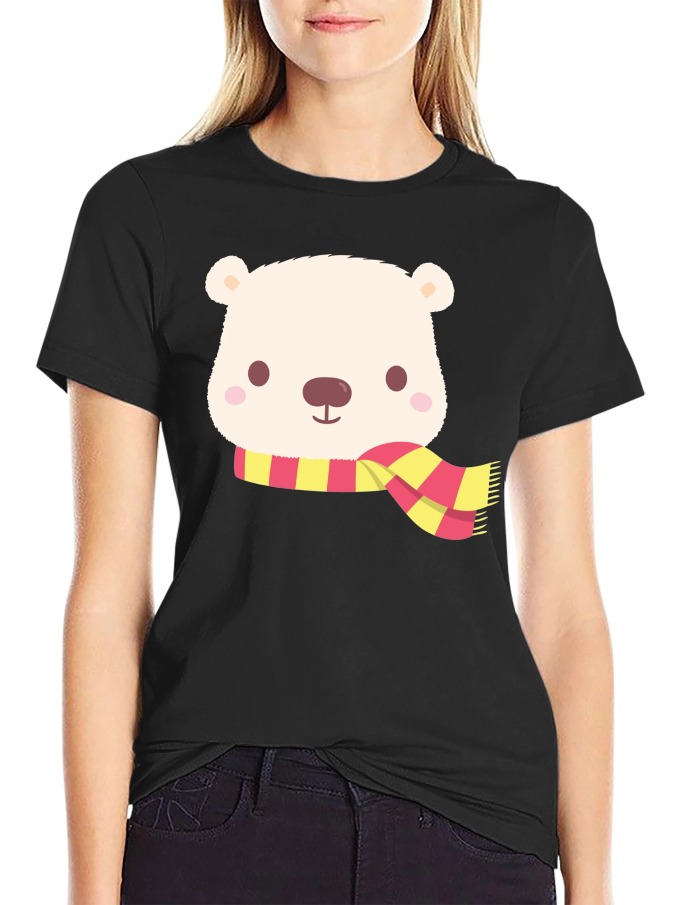 Cute Bear Scarf Black T-Shirt