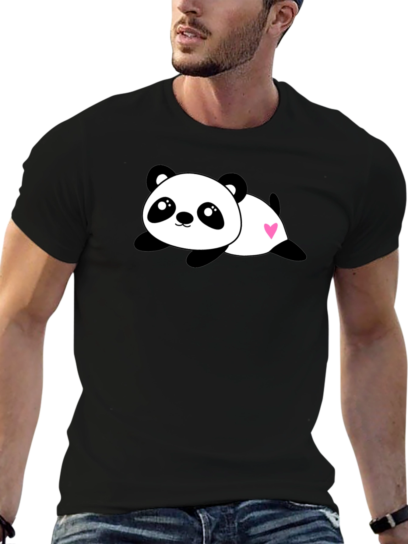 Cute Panda Heart Graphic Black T-Shirt
