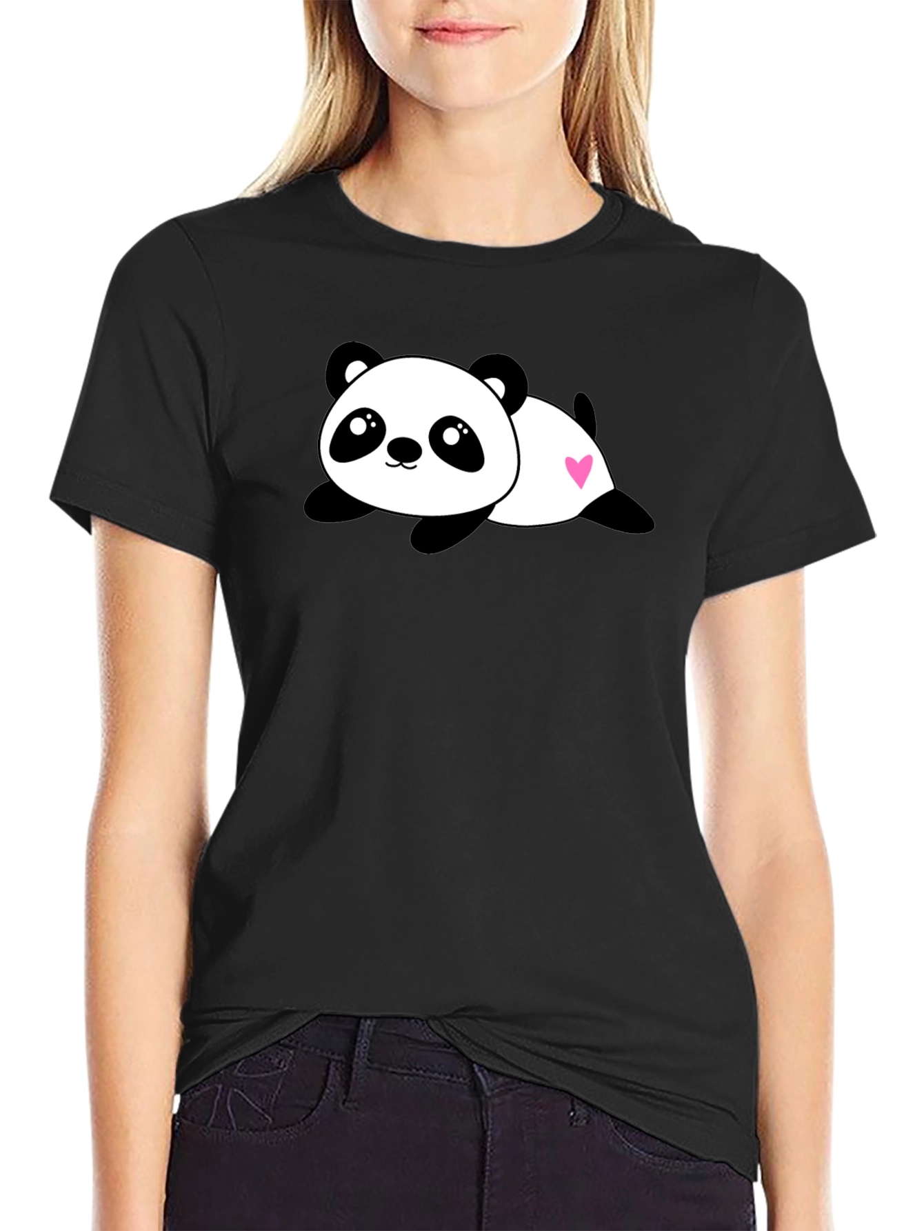 Cute Panda Heart Graphic Black T-Shirt