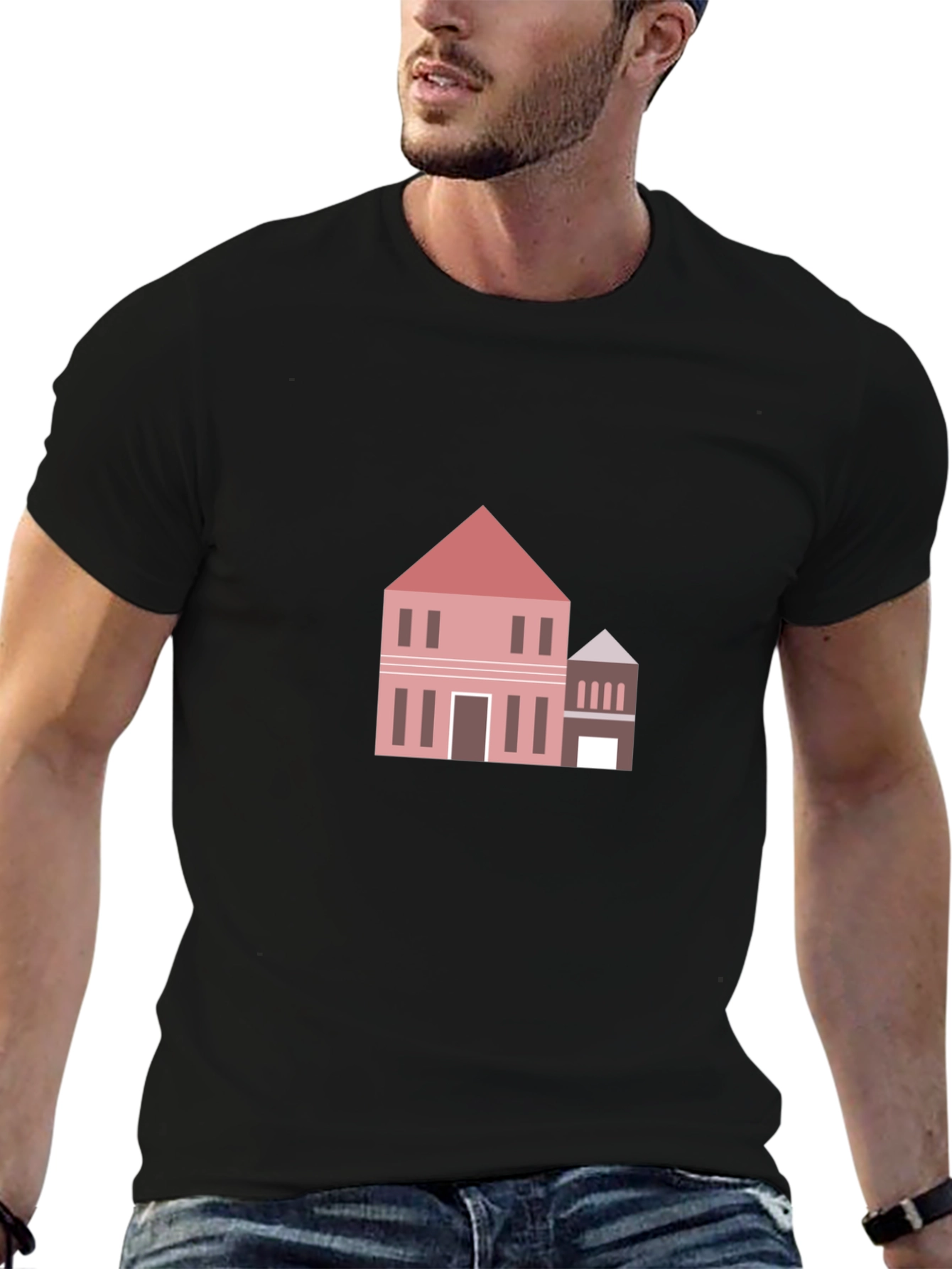 Modern House Graphic Tee - Black Cotton Casual Shirt