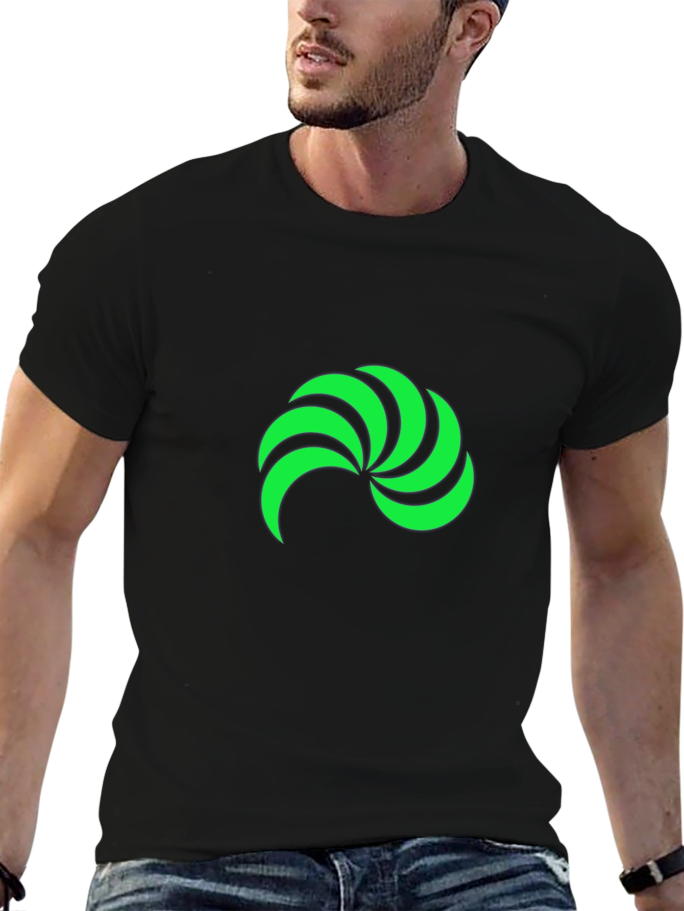 Black T-Shirt with Green Swirl Graphic Print