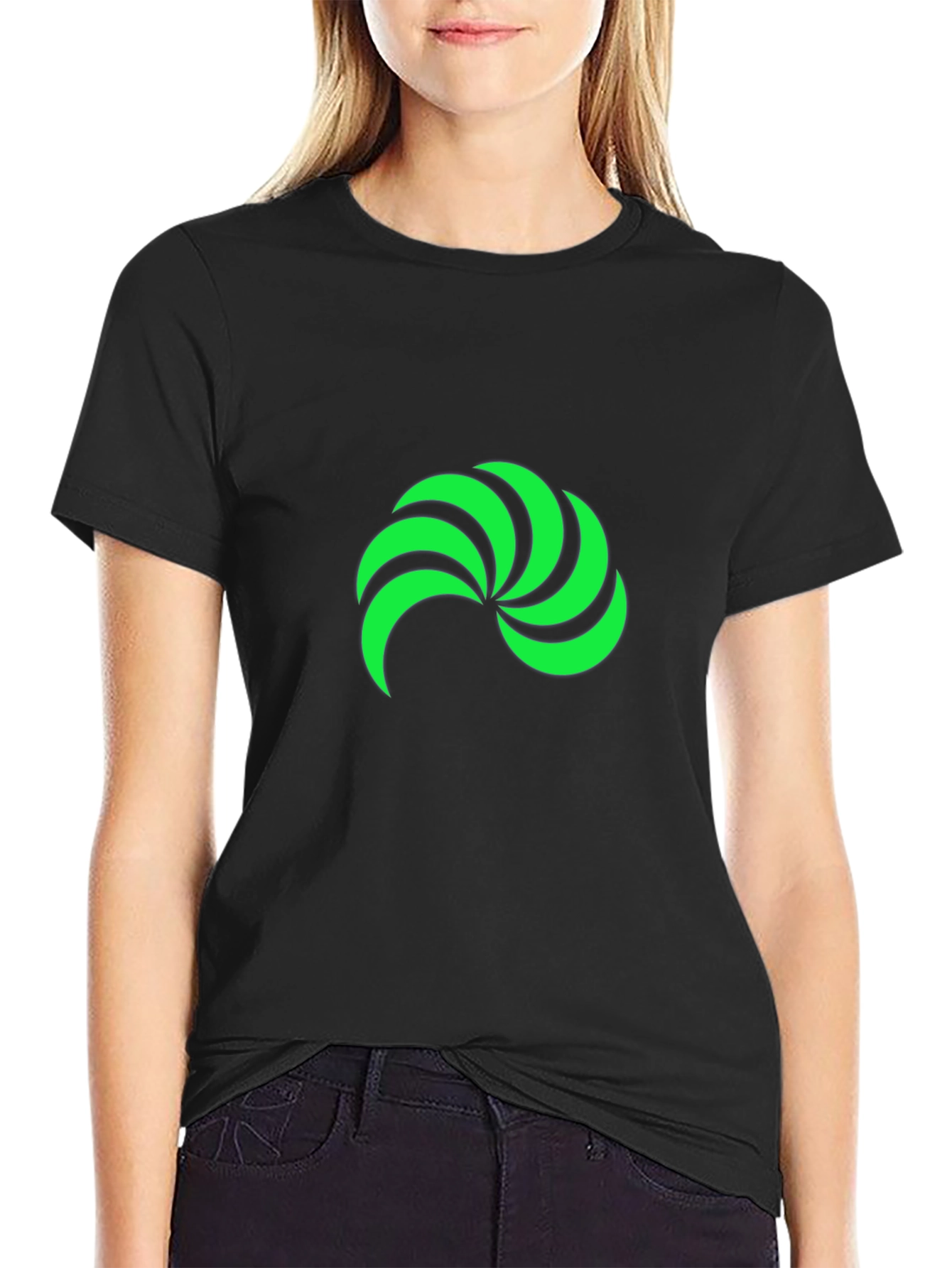 Black T-Shirt with Green Swirl Graphic Print