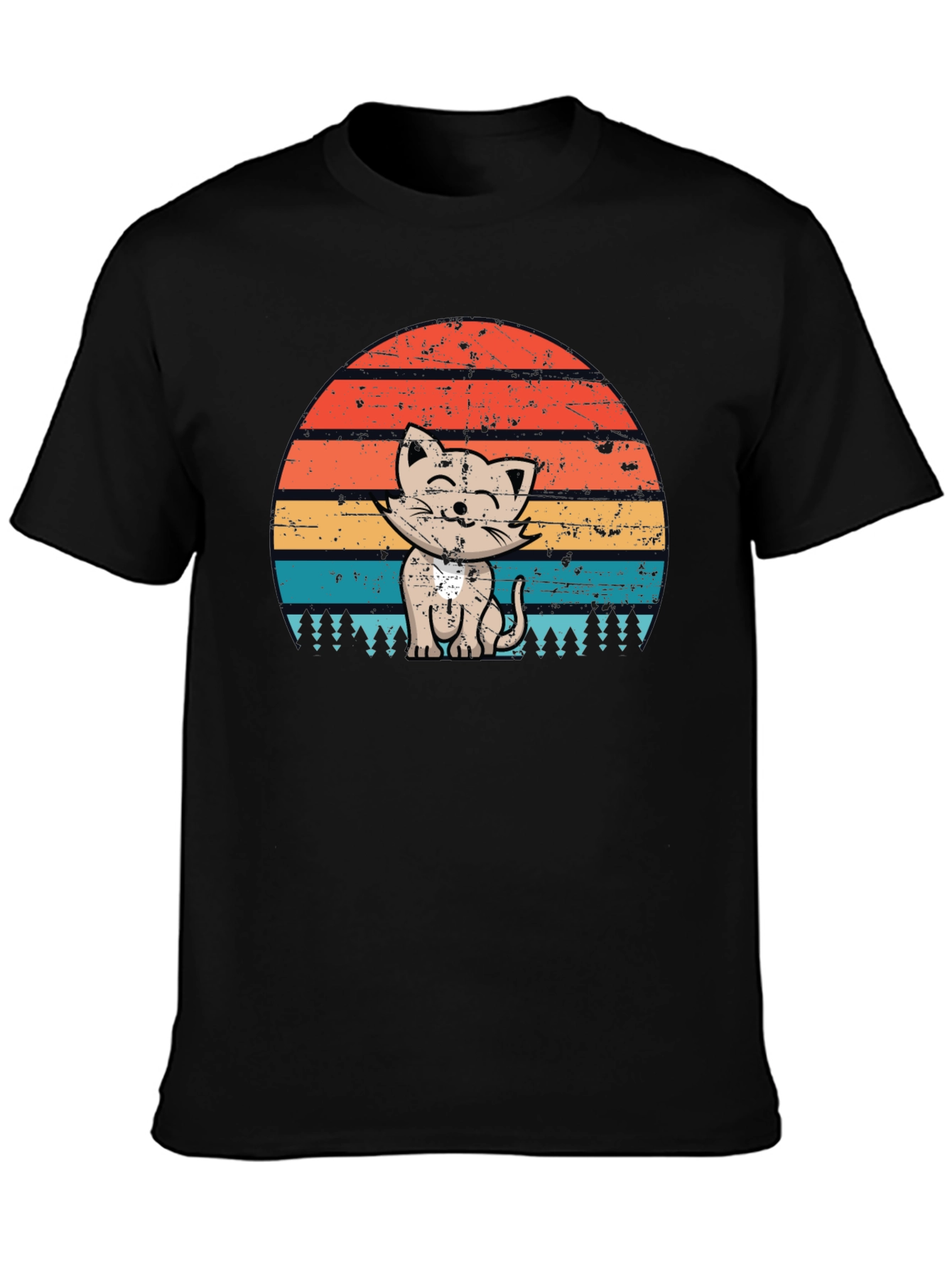 Retro Cat Sunset Graphic Tee - Black