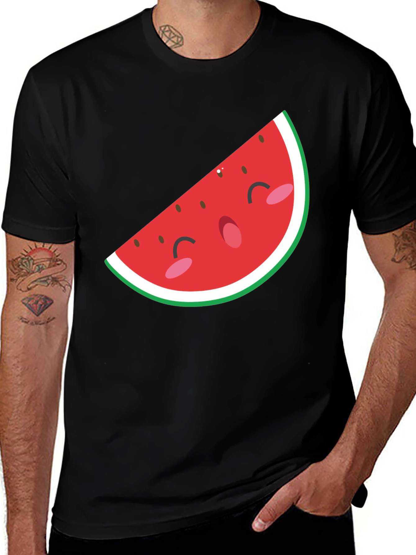 Mens Black T-Shirt with Cute Watermelon Graphic