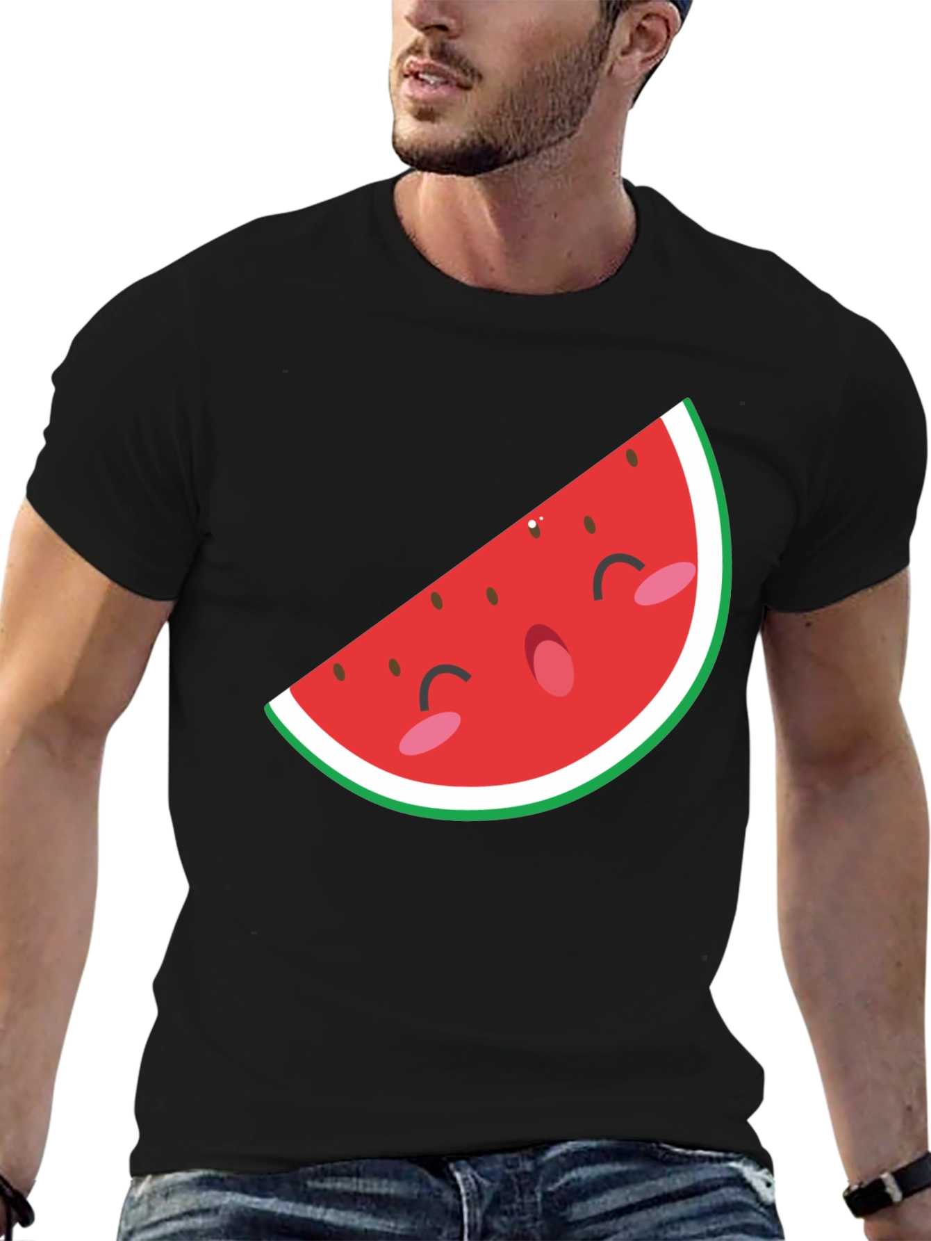 Mens Black T-Shirt with Cute Watermelon Graphic