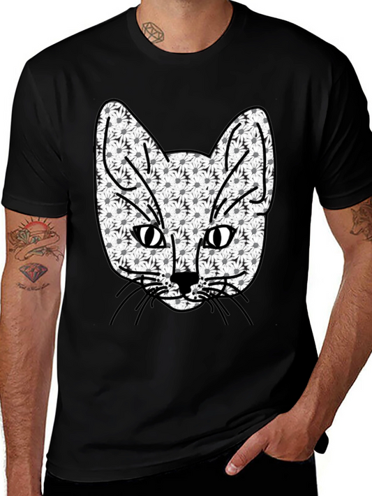 Floral Cat Graphic Tee - Stylish Mens Black T-Shirt