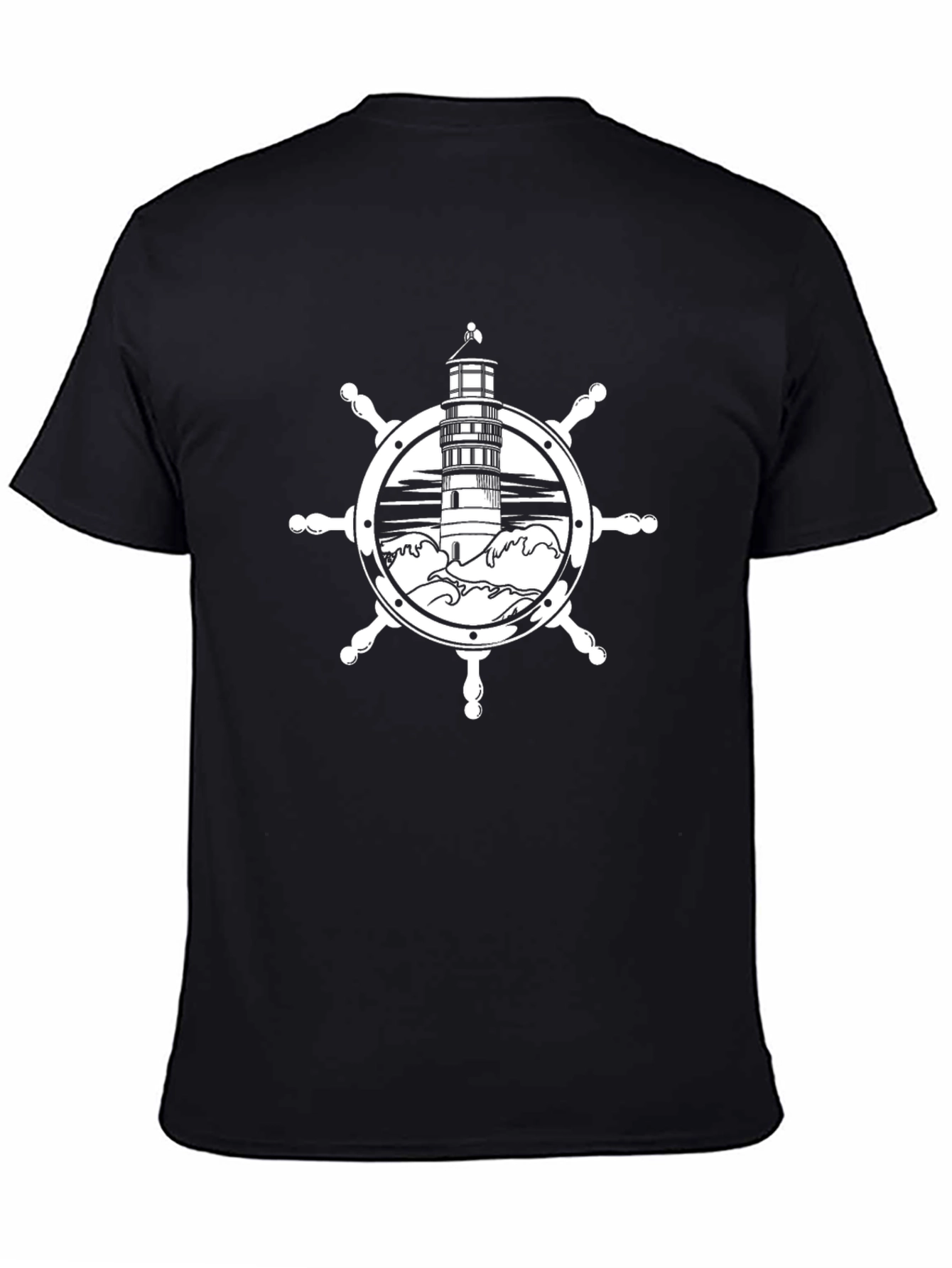 Nautical Lighthouse Wheel Black T-Shirt