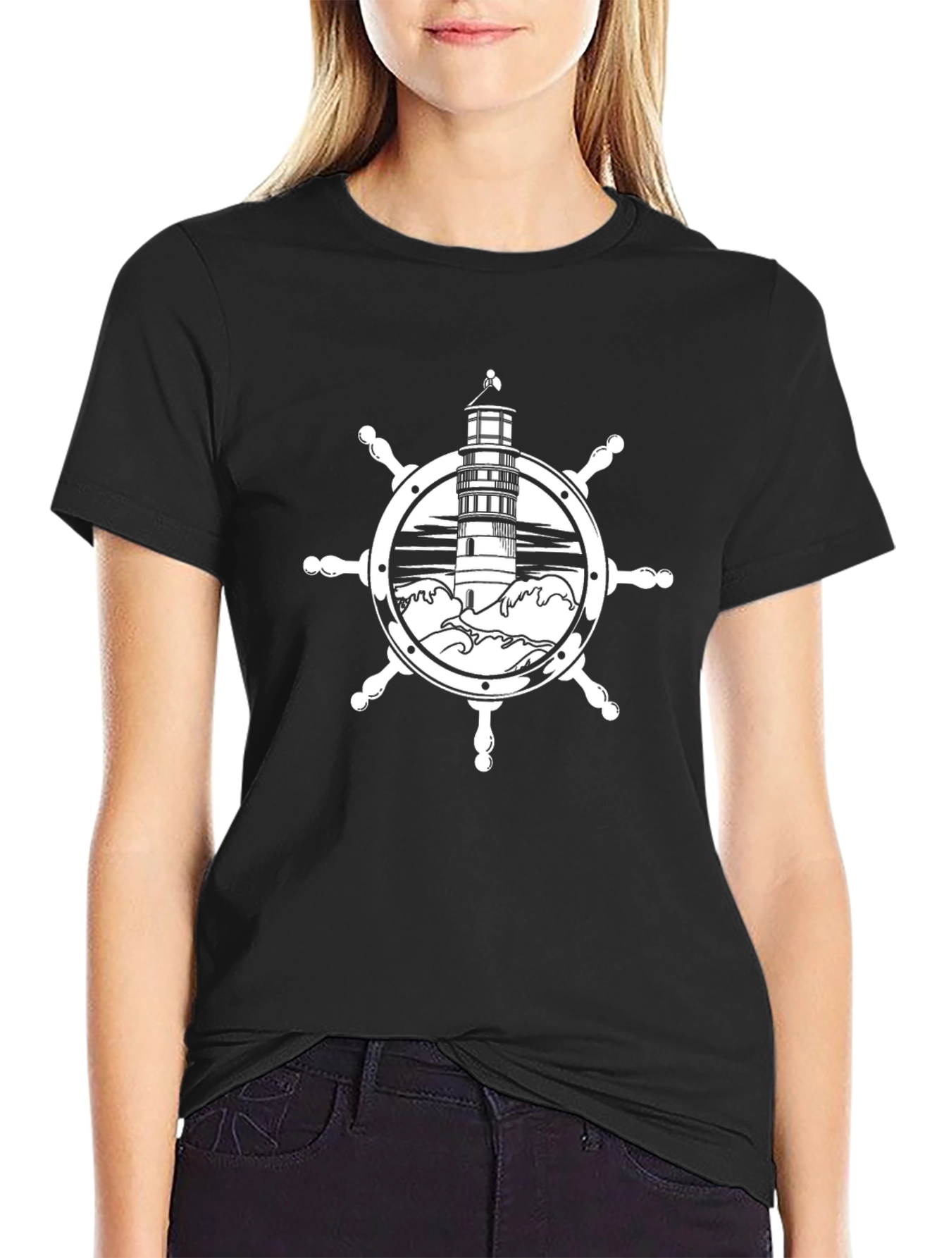 Nautical Lighthouse Wheel Black T-Shirt