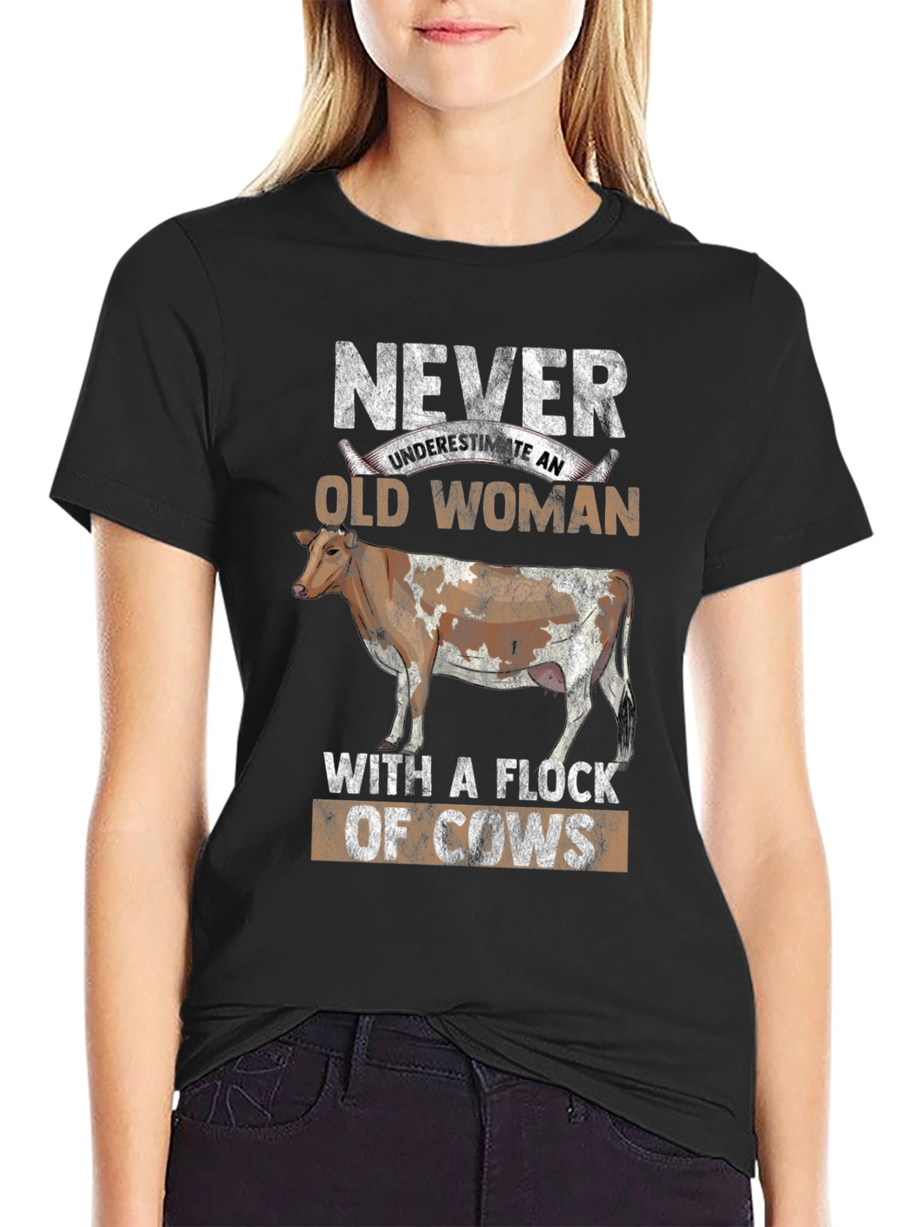 Never Underestimate Old Woman with Cows Graphic Tee