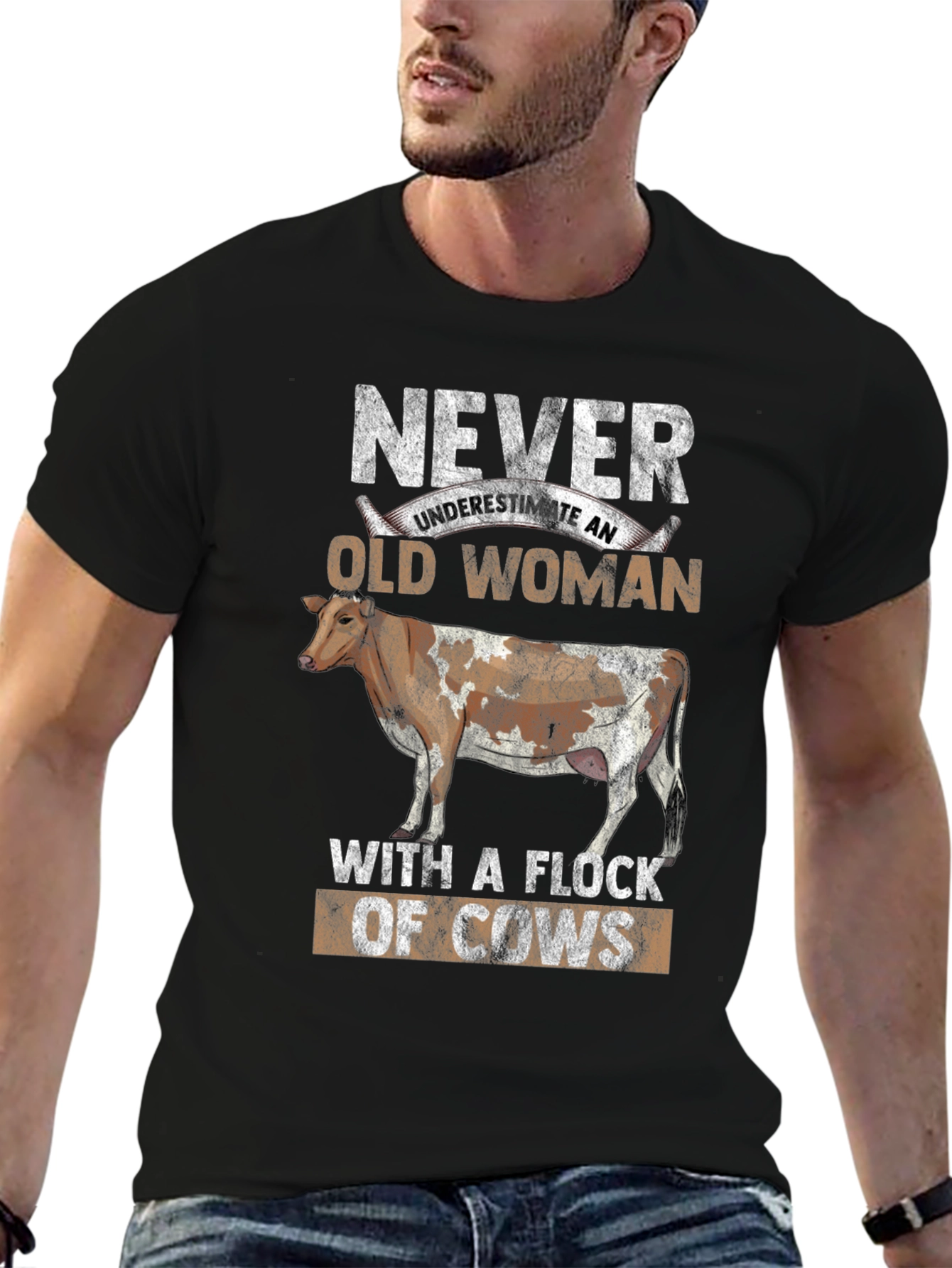 Never Underestimate Old Woman with Cows Graphic Tee