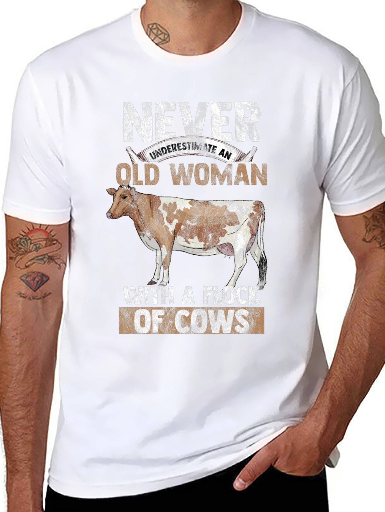 Never Underestimate Old Woman with Cows Graphic Tee