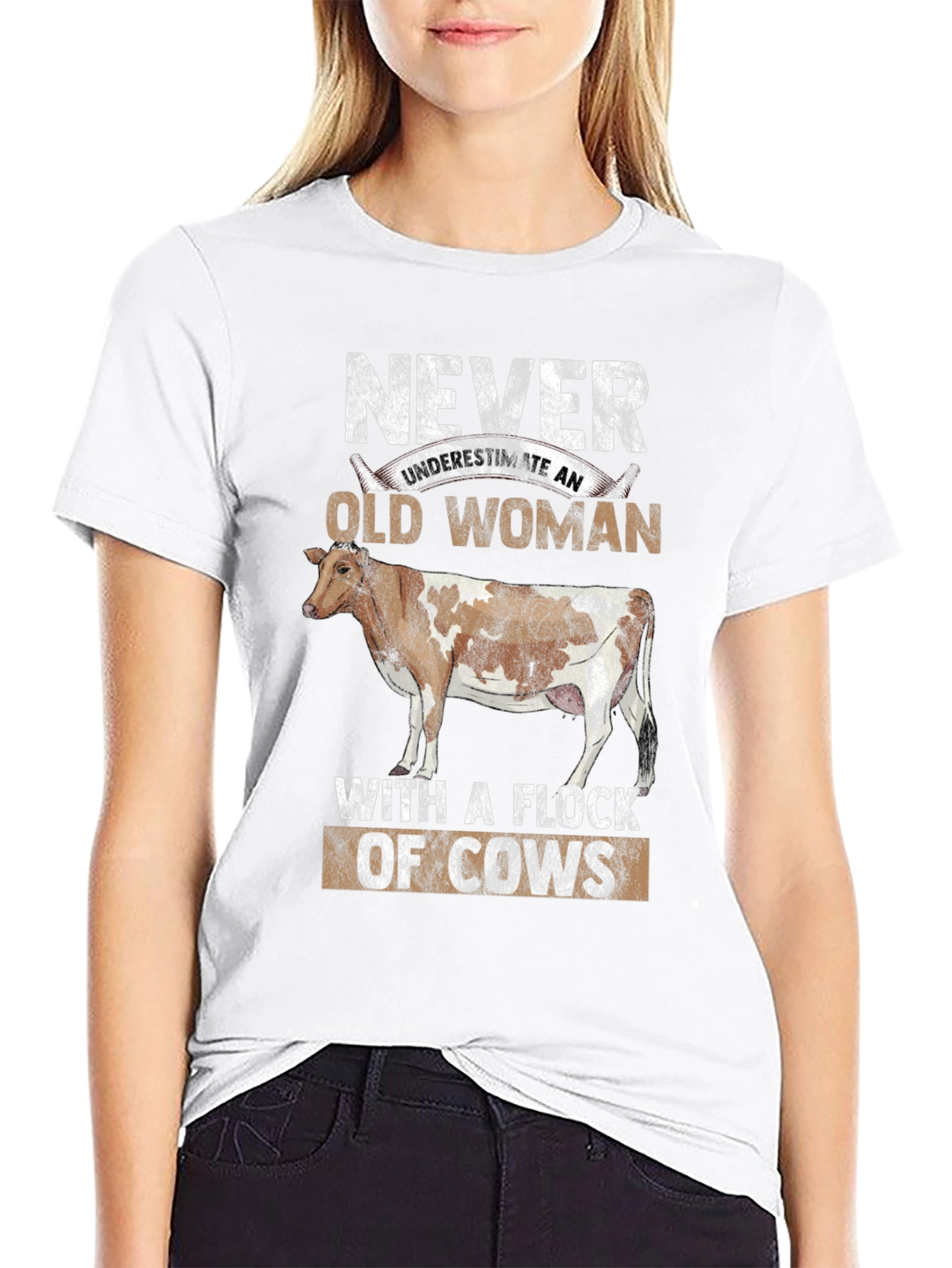 Never Underestimate Old Woman with Cows Graphic Tee