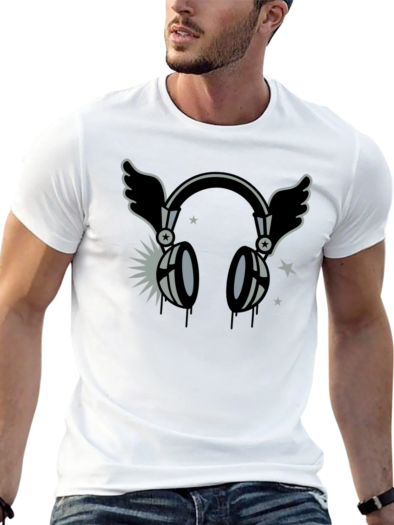 Winged Headphones Graphic T-Shirt - Black