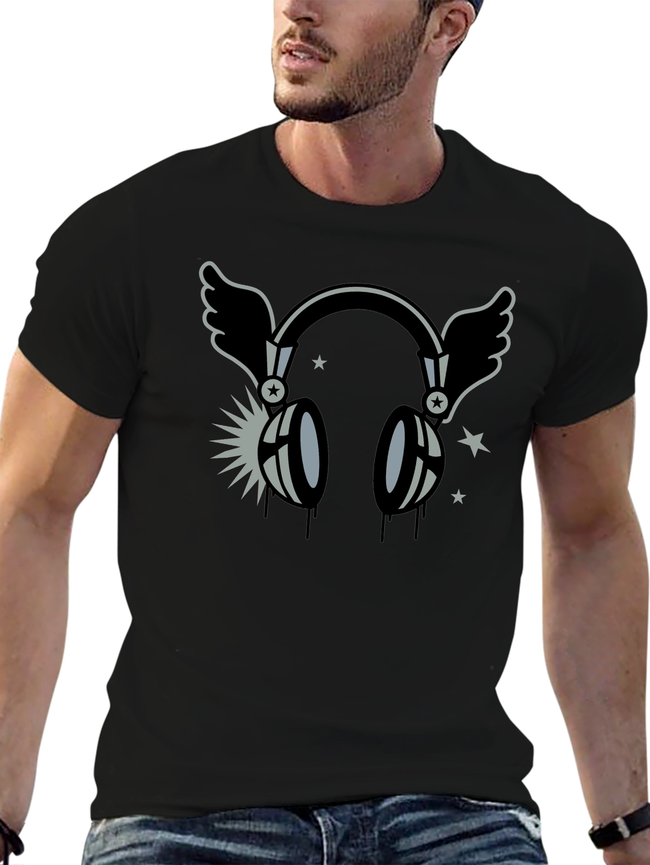 Winged Headphones Graphic T-Shirt - Black