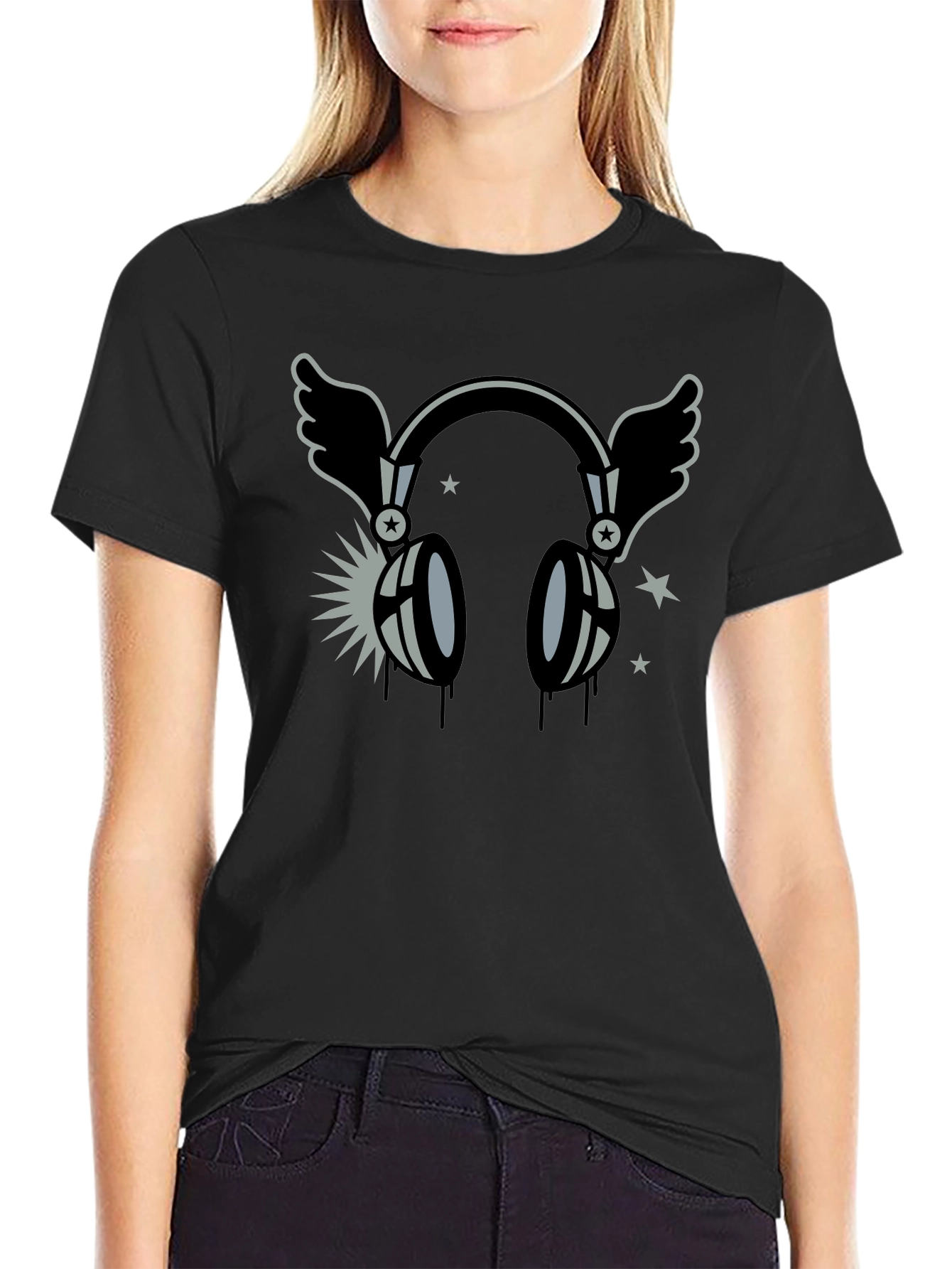 Winged Headphones Graphic T-Shirt - Black