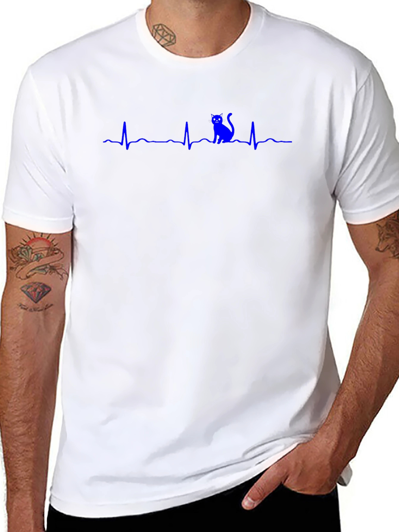 Cat Heartbeat T-Shirt - Black Crew Neck