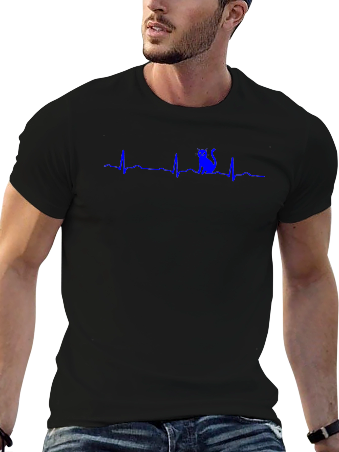 Cat Heartbeat T-Shirt - Black Crew Neck