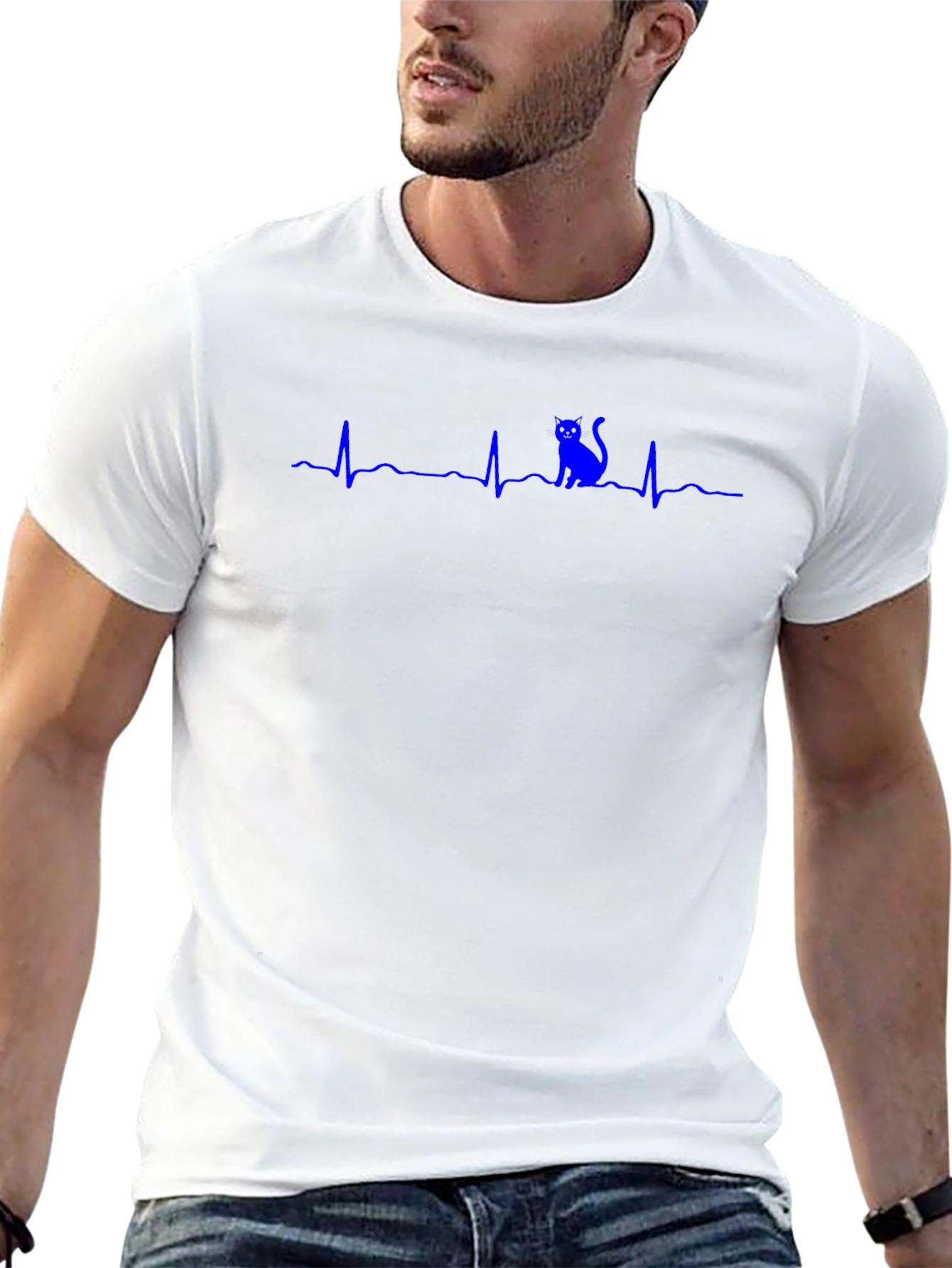 Cat Heartbeat T-Shirt - Black Crew Neck