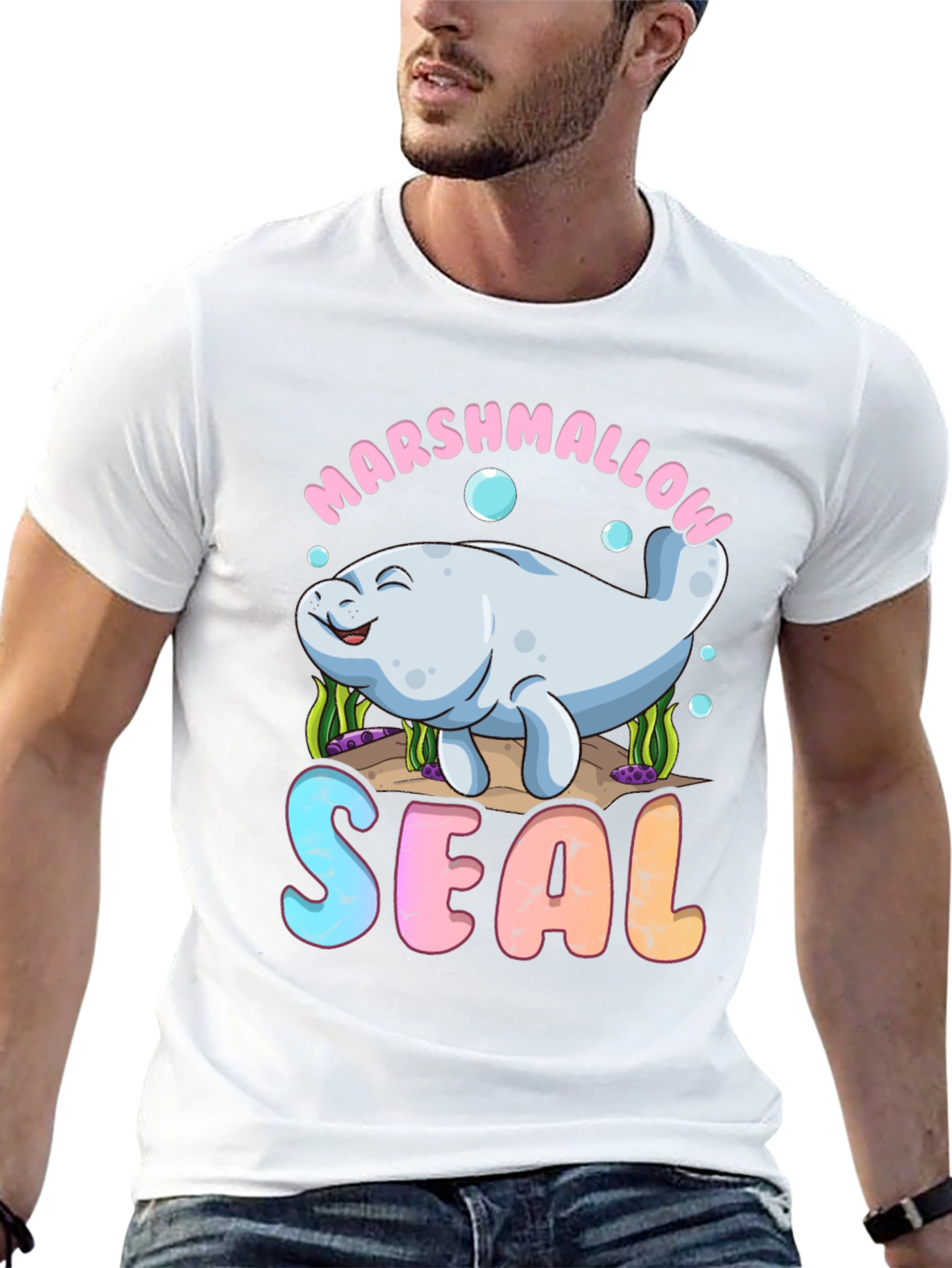 Marshmallow Seal Black T-Shirt - Cute Kawaii Design