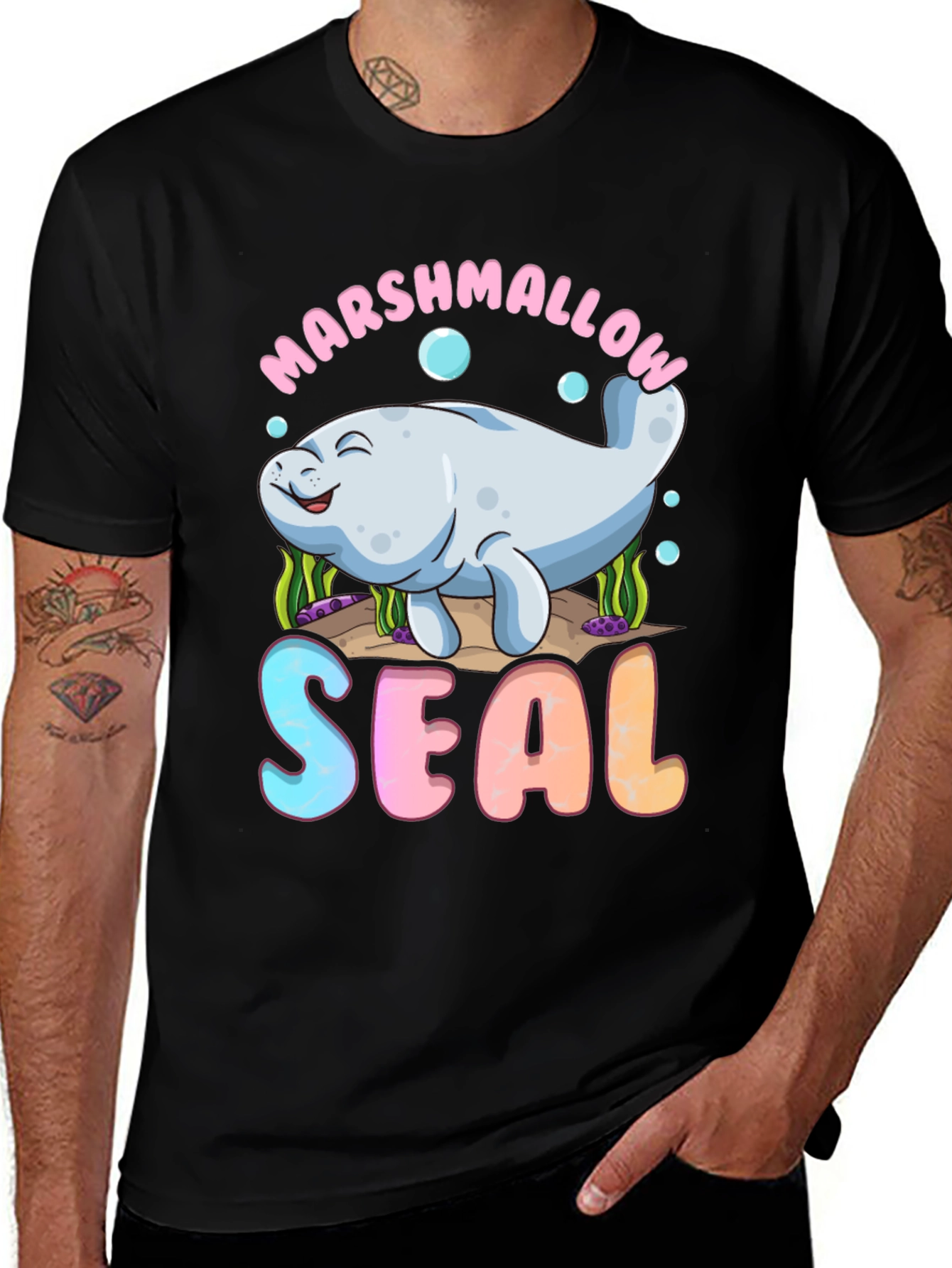 Marshmallow Seal Black T-Shirt - Cute Kawaii Design