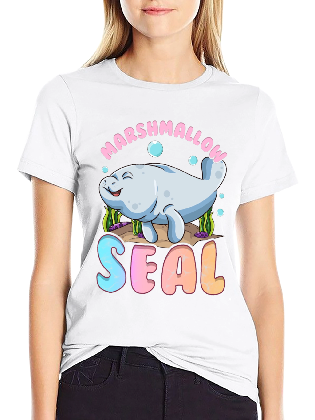 Marshmallow Seal Black T-Shirt - Cute Kawaii Design