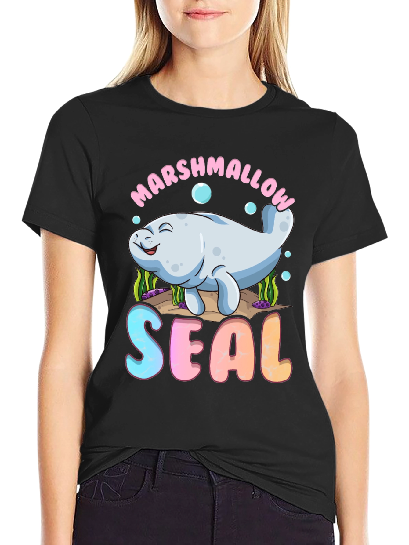 Marshmallow Seal Black T-Shirt - Cute Kawaii Design