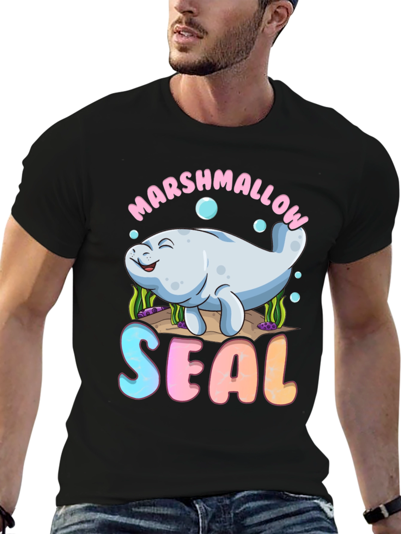 Marshmallow Seal Black T-Shirt - Cute Kawaii Design