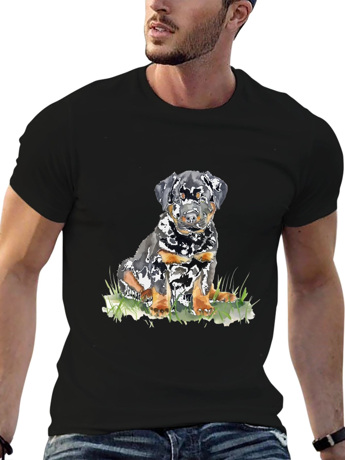 Rottweiler Puppy Graphic T-Shirt - Black Casual Tee