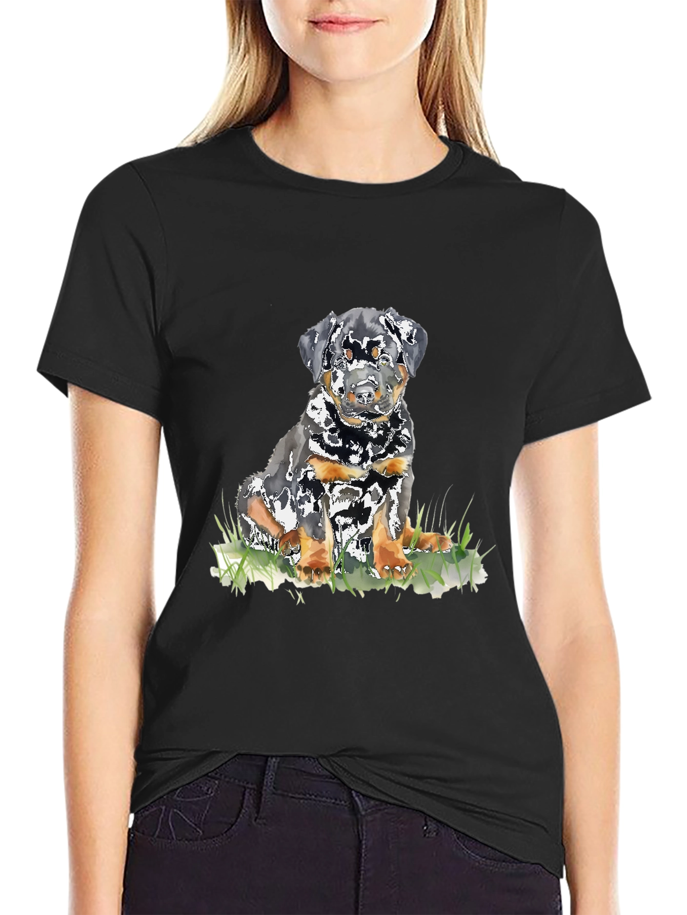 Rottweiler Puppy Graphic T-Shirt - Black Casual Tee