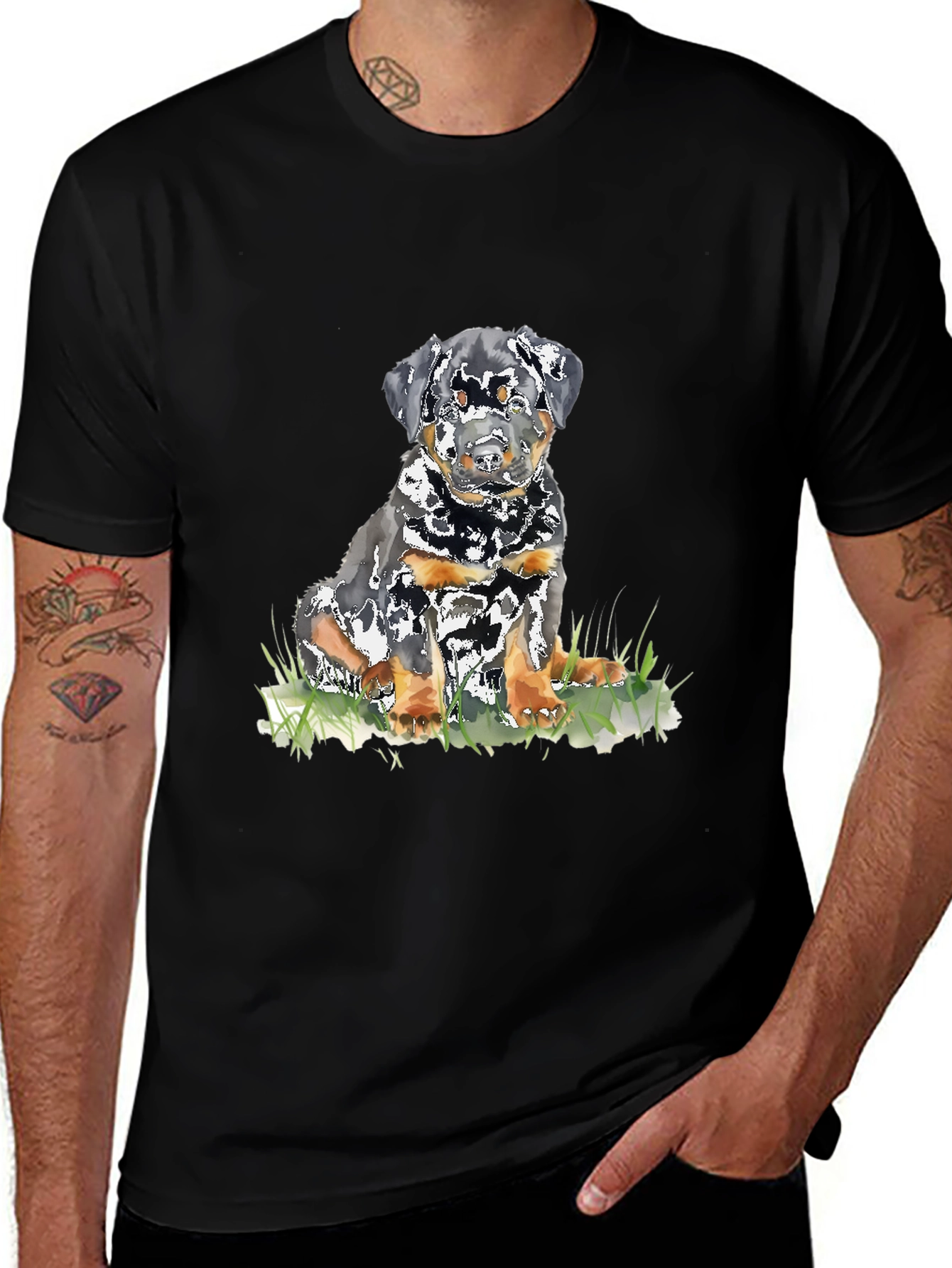 Rottweiler Puppy Graphic T-Shirt - Black Casual Tee