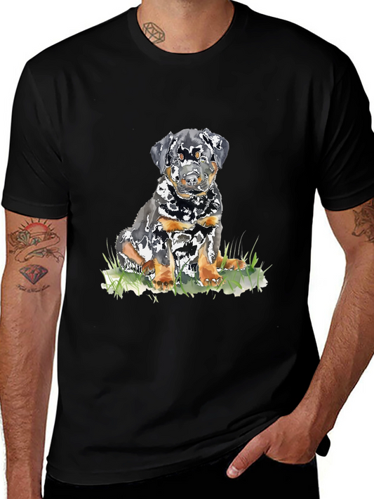 Rottweiler Puppy Graphic T-Shirt - Black Casual Tee