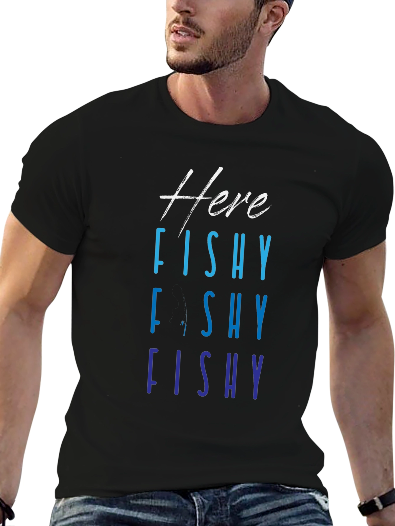 Here Fishy Fishy T-Shirt Black Mens Fishing Tee