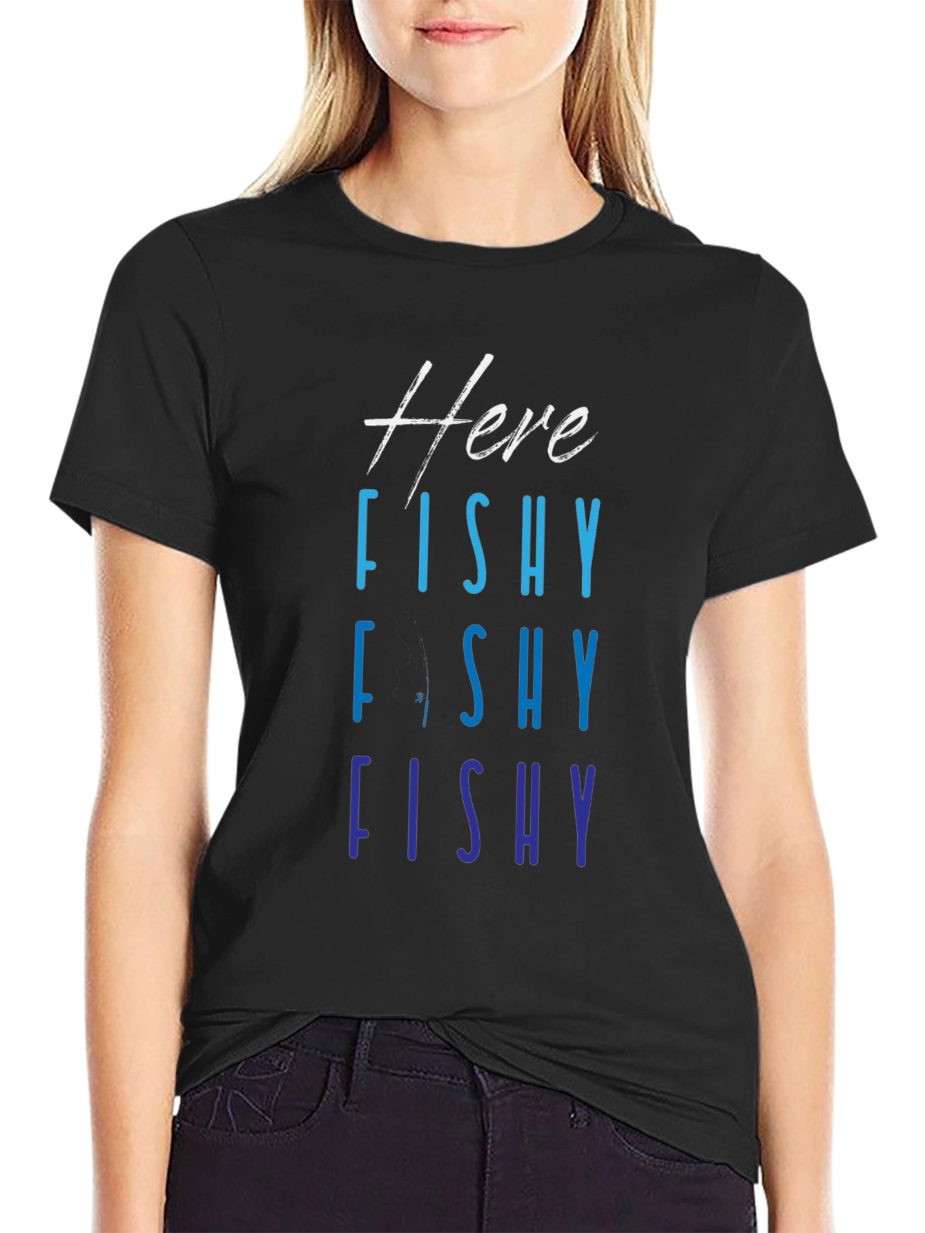 Here Fishy Fishy T-Shirt Black Mens Fishing Tee