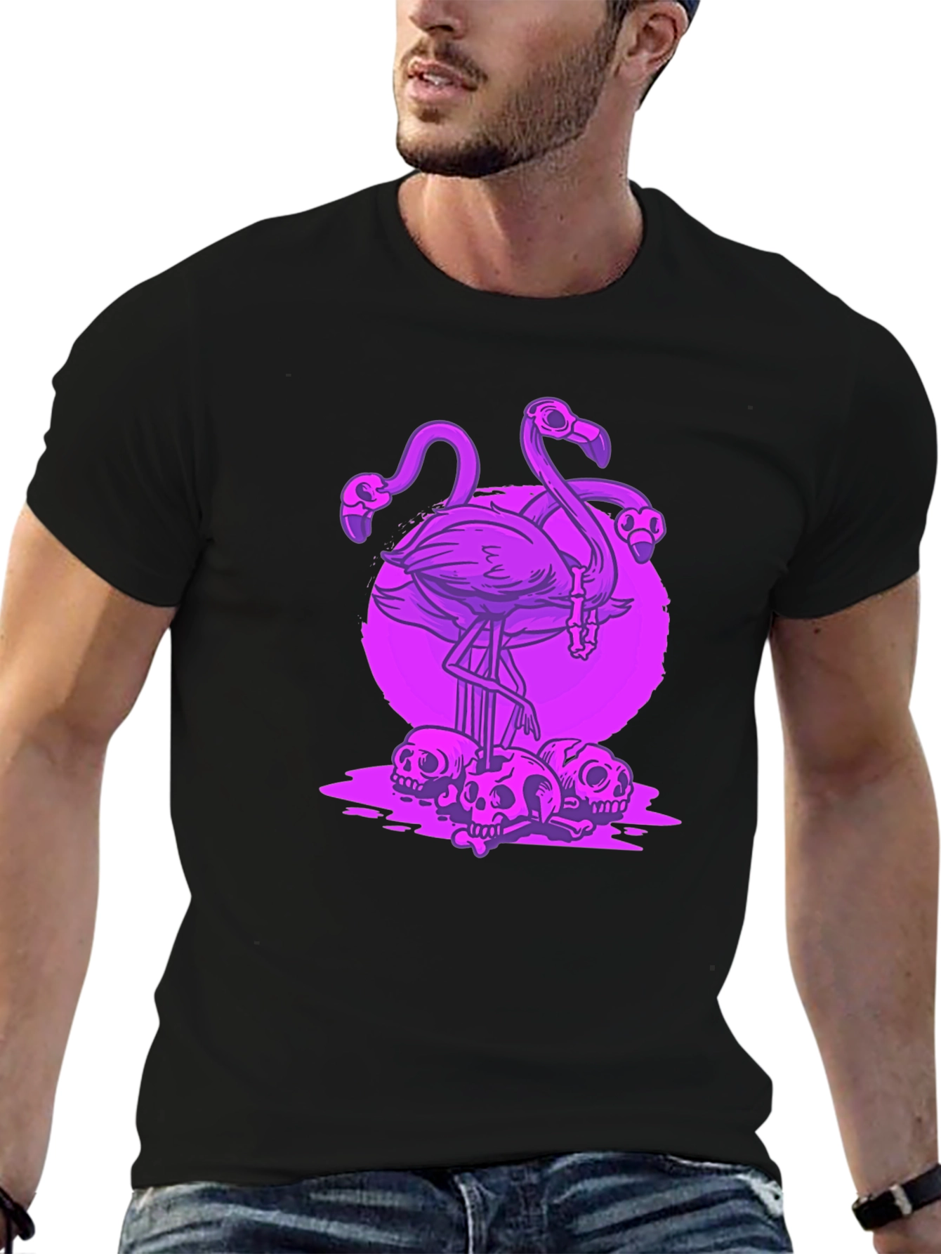 Flamingo Skulls Graphic Tee - Black T-Shirt