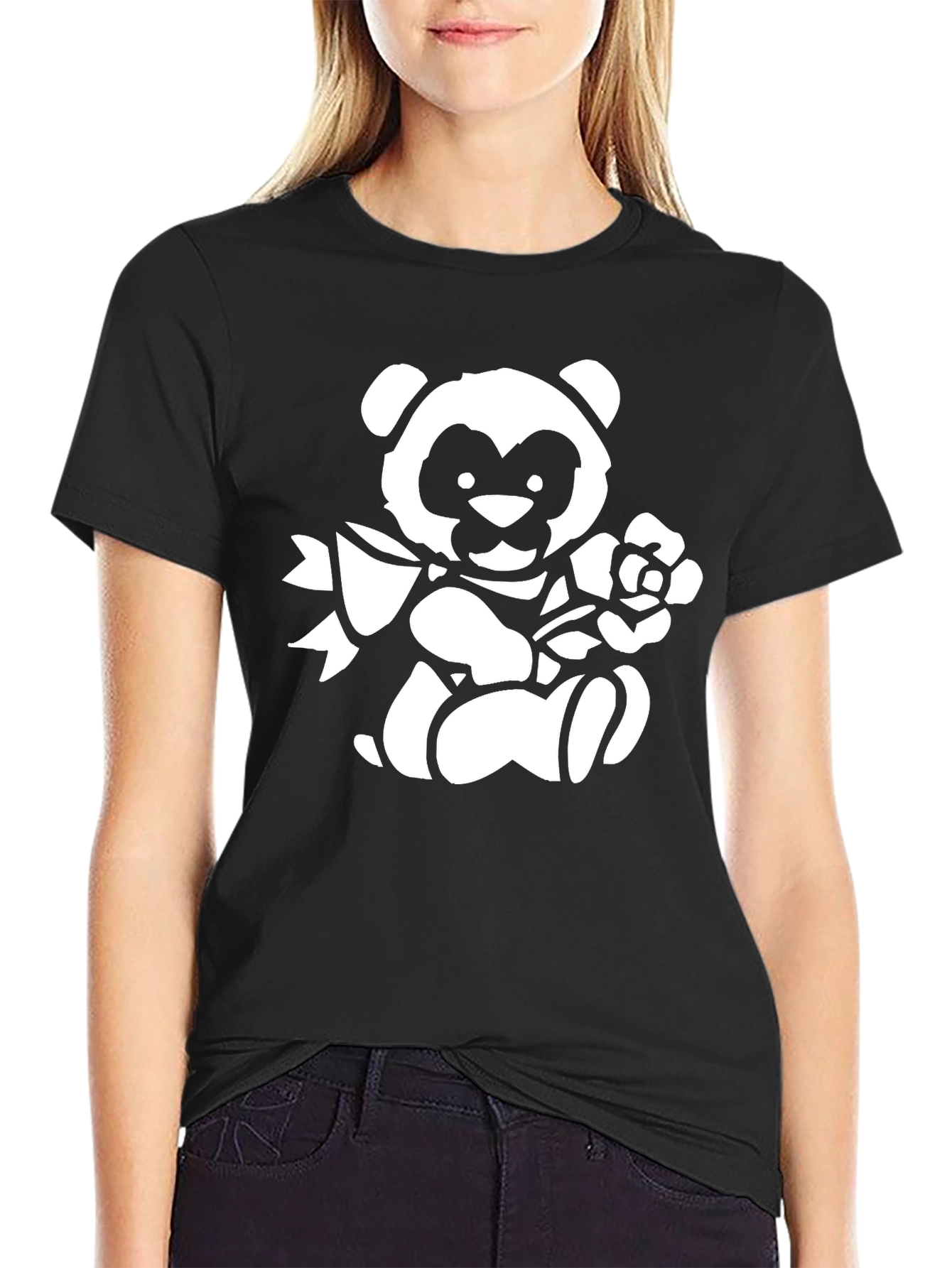 Cute Panda Bear Graphic Print T-Shirt - Black